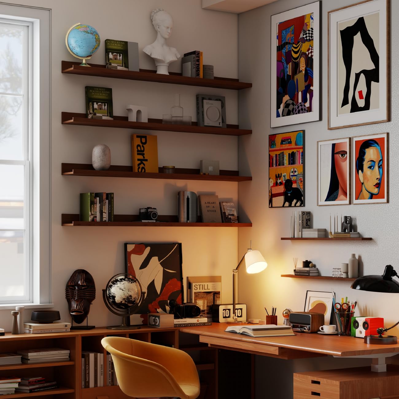 Wall Shelves for Living Room, Nursery Book Shelves Walnut Bathroom Shelves Over Toilet Floating Shelves for Wall, Modern Wood Storage for Bedroom, Kid's Room, Kitchen, 36inch, Set of 6