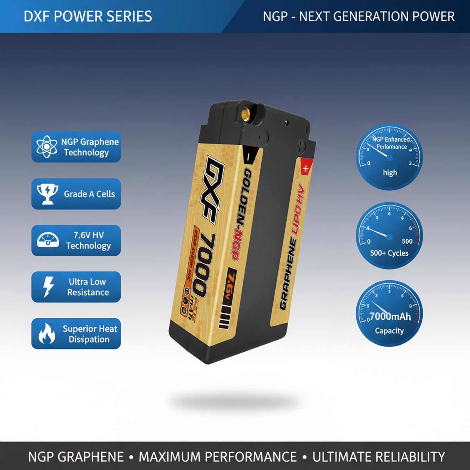 DXF Batteria LiPo 2S 7.6V 7000mAh 140C HV Corta Golden NGP Bullet 5mm Spina T Auto RC 1/8 1/10 Truck Aereo Elicottero Barca Buggy Custodia Rigida 2 Pezzi