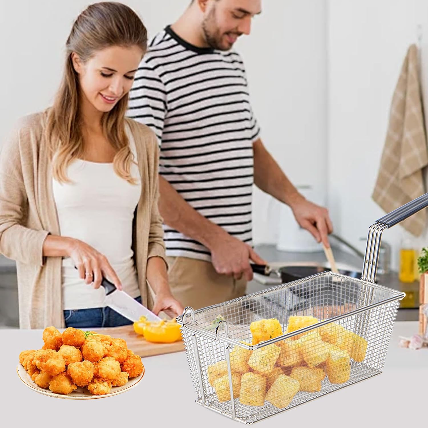 AIZYR Deep Fryer Basket Commercial Frying Basket Fries Basket with Handle Square Frying Basket for Frying Kitchen Restaurant Home,2PCS