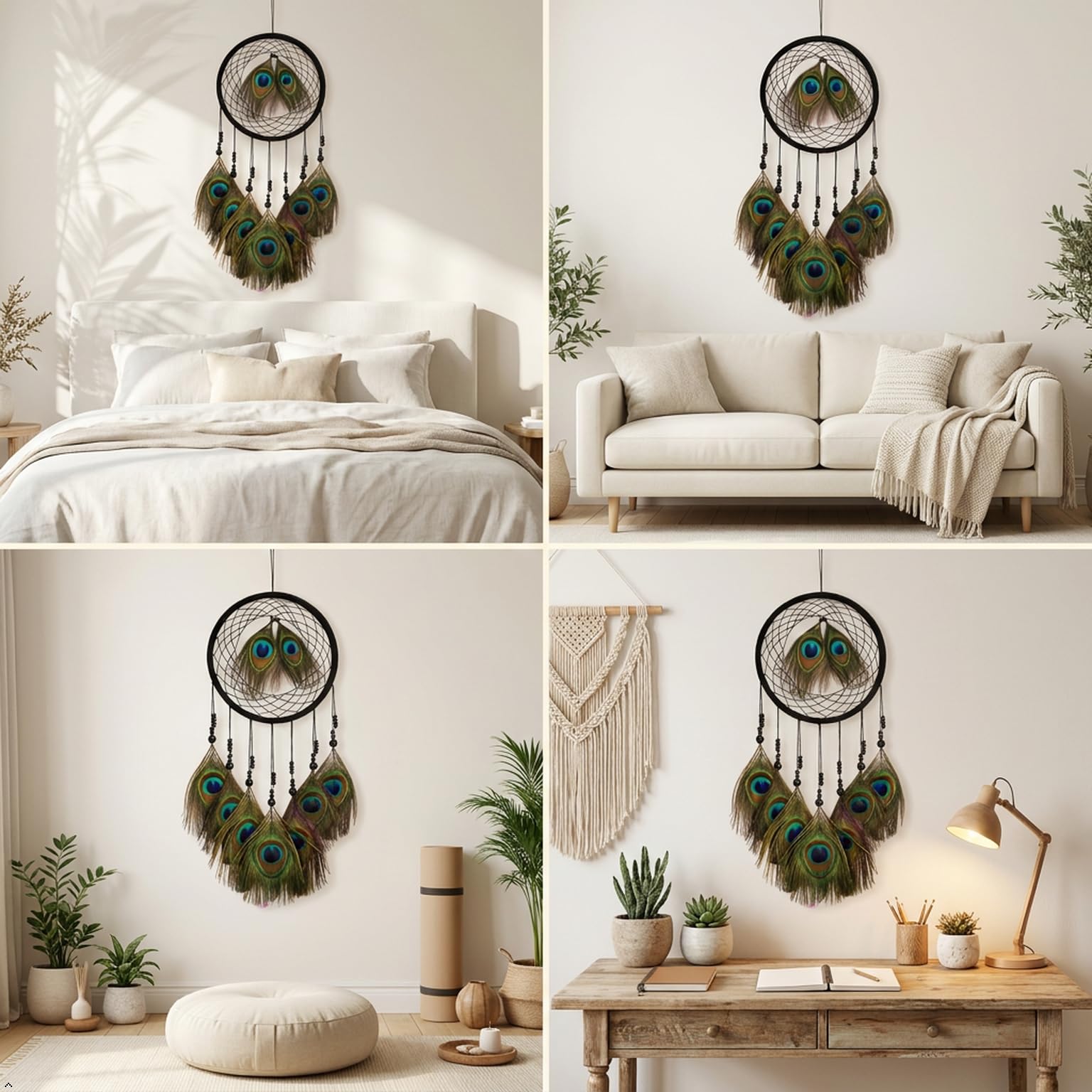 THE URBAN ARTISTIC Handcrafted Peacock Feather Dream Catcher Wall Hanging - Wooden, Bedroom Living Room Decor, Positive Energy, Multicolor Natural Feathers, Diwali Housewarming Gift, 45x18cm, Black 3