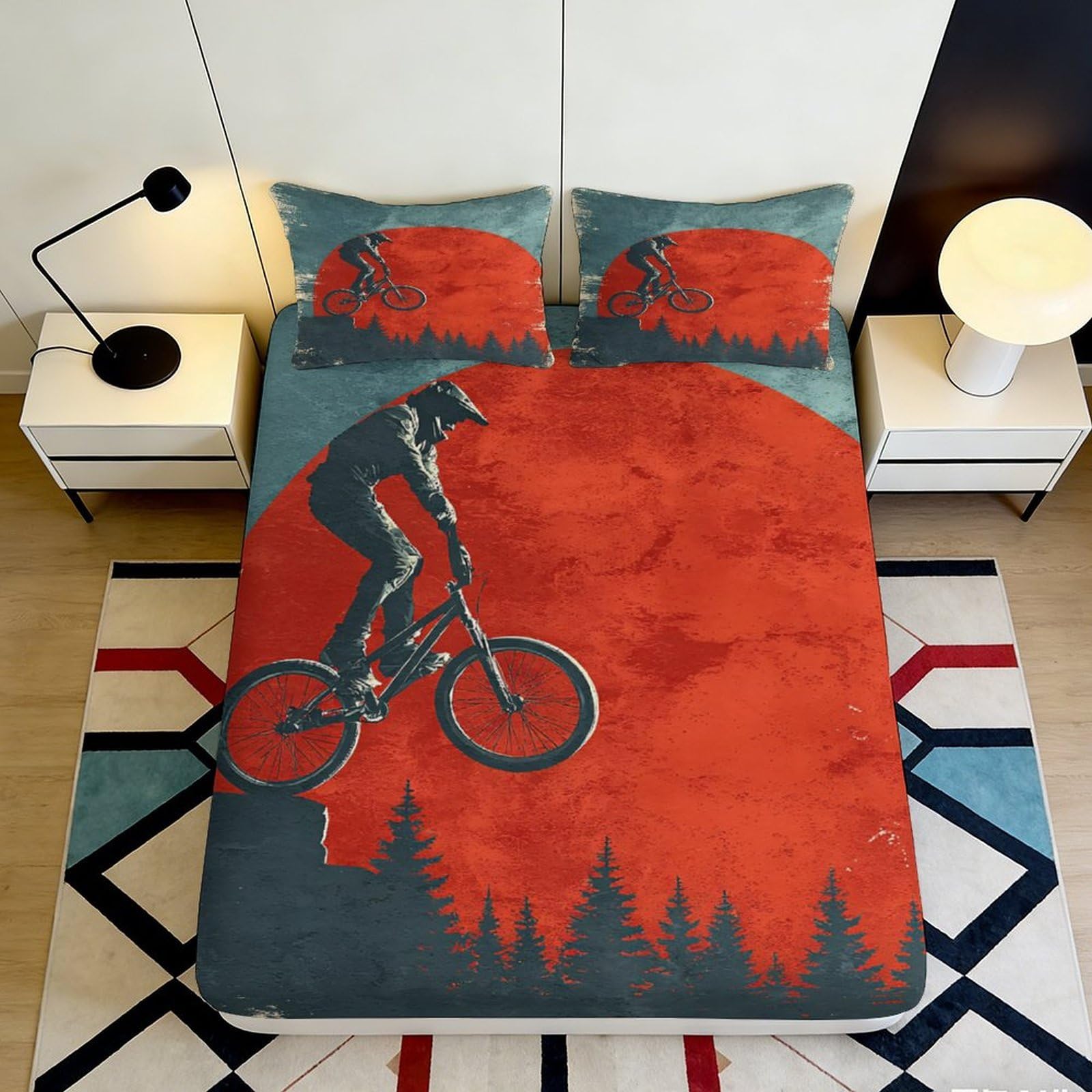 3D Printed Sunset Forest Fitted Sheet Microfiber Soft Breathable Mountain Bike Bed Cover for Bedroom Dorm Decor 90x200x25cm