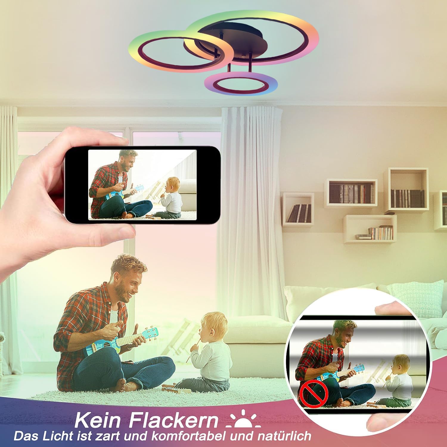Lampada da soffitto a LED RGB Cambia colore con altoparlante Bluetooth, lampada da soggiorno, luce ad anello, dimmabile, per cameretta dei bambini, con telecomando e app