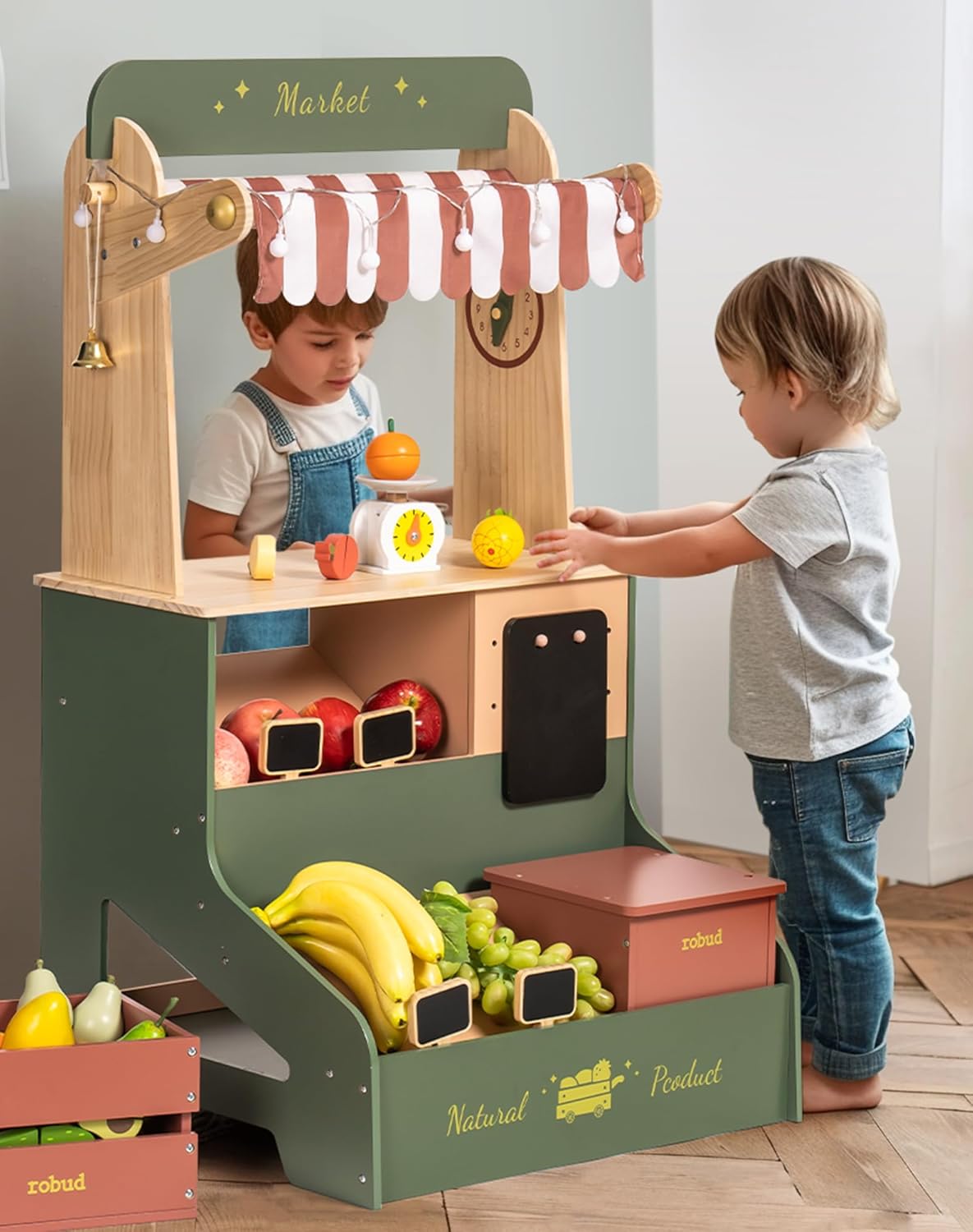 ROBUD Pretend Play Grocery Store with Lights, Supermarket Playset for Kids, Interactive Wooden Play Market Stand, Gift for 3+ Kids Boys Girls