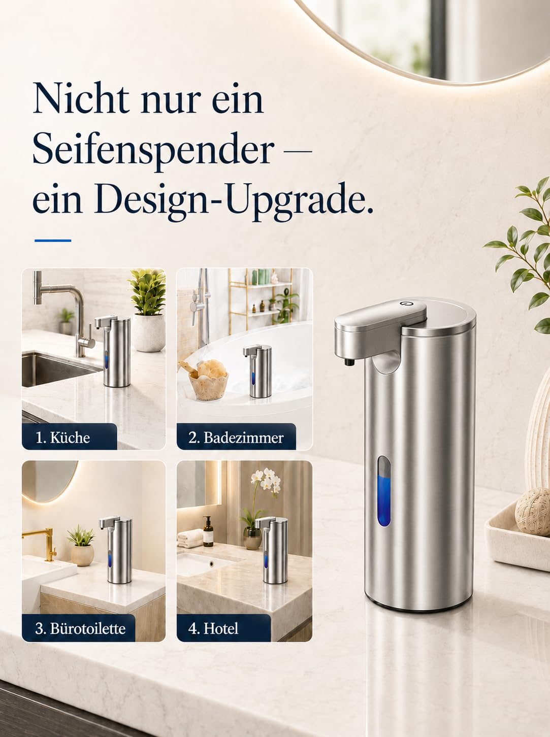 Fantictas Seifenspender Automatisch Edelstahl, USB-C, 3 Dosierstufen | Berührungsloser Sensor, 2000mAh USB-C Akku,IPX4 Spritzschutz, SUS304 Edelstahl für Bad Küche Büro，Flüssigseife