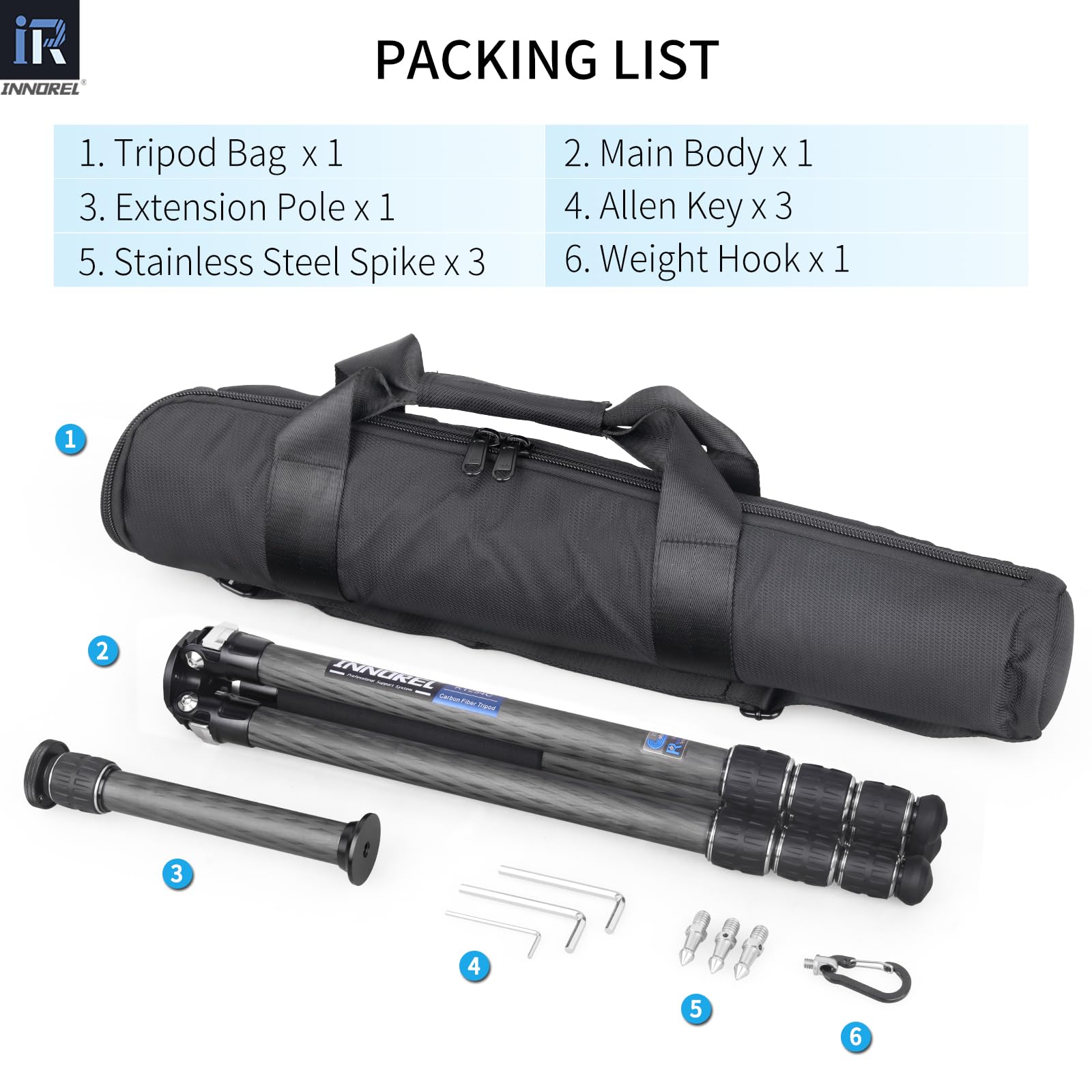 INNOREL KT254C Monopod monopod z włókna węglowego Profesjonalny przenośny kompaktowy statyw podróżny do lustrzanki cyfrowej 25,6 mm Tube obciążenie 15 kg z regulowanym prętem przedłużającym