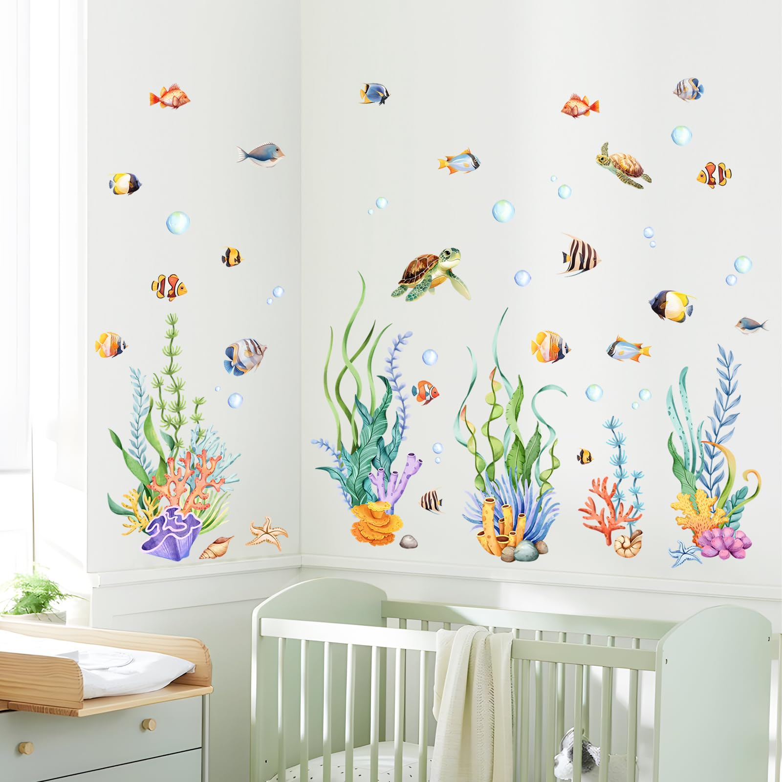 Under The Sea Wall Stickers Seaweed Grass Ocean Fish Sea Turtle Underwater Wall Decals for Bathroom Peel and Stick Wall Art Decals for Baby Nursery Kids Bedroom Bathroom - Image 3