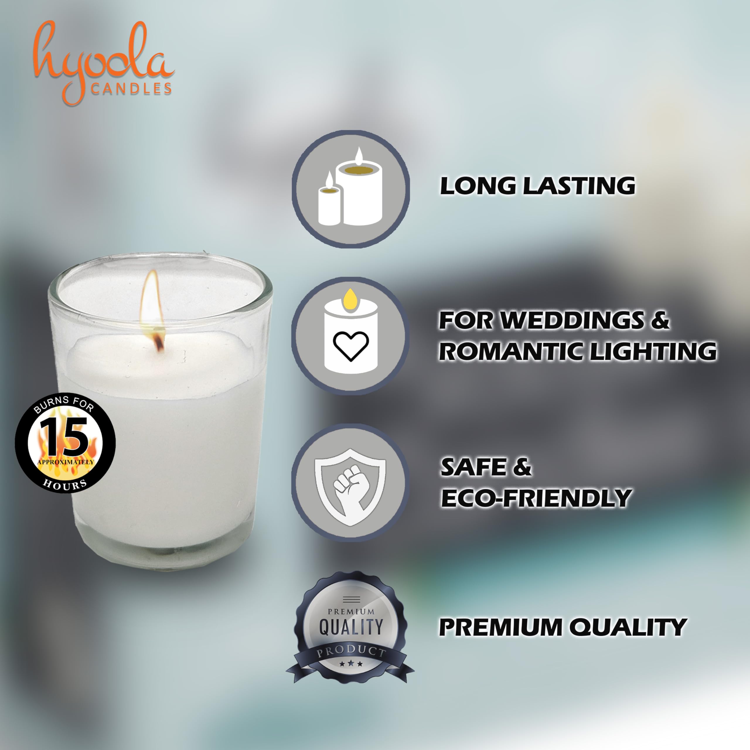 Hyoola Velas Blancas en Portavelas de Cristal - Lote de 48 Velas Decorativas - Tiempo de Consumo 15 Horas - Velas de Té sin Aroma - Portavelas de Cristal