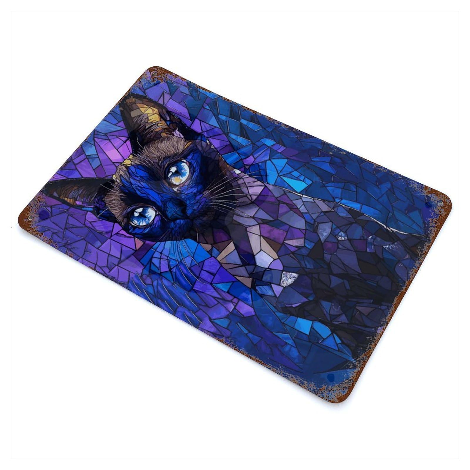 Garage Style Stained Glass Cat Distressed Metal Wall Sign 11.8"x7.9", Novelty Wall Decor for Bar And Workshop