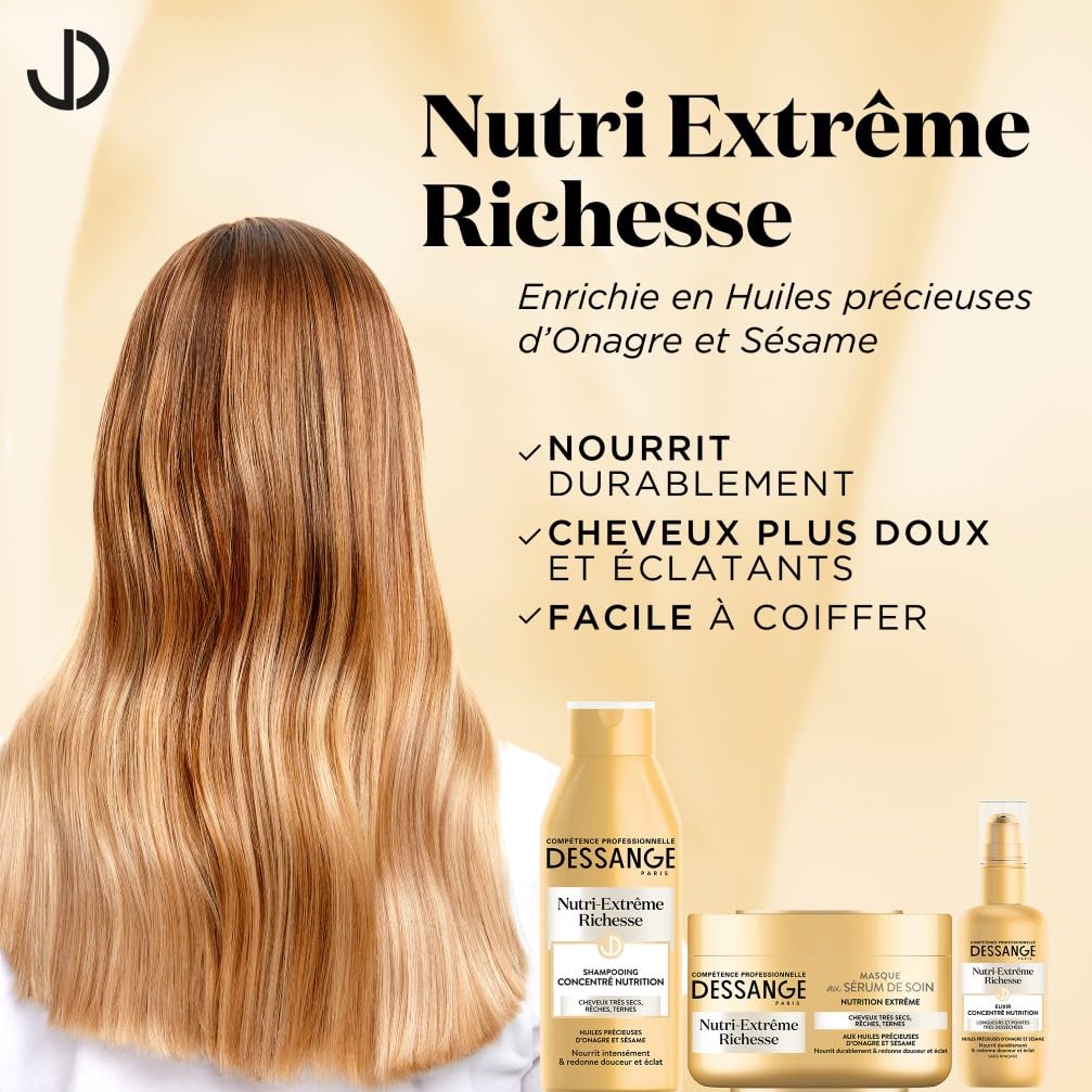 DESSANGE - Coffret Nutri-Extrême Richesse - Shampoing Nourrissant + Masque Capillaire + Elixir Concentré Nutrition - Nourrit Intensément & Redonne Douceur - Pour Cheveux Très Secs, Rêches, Ternes