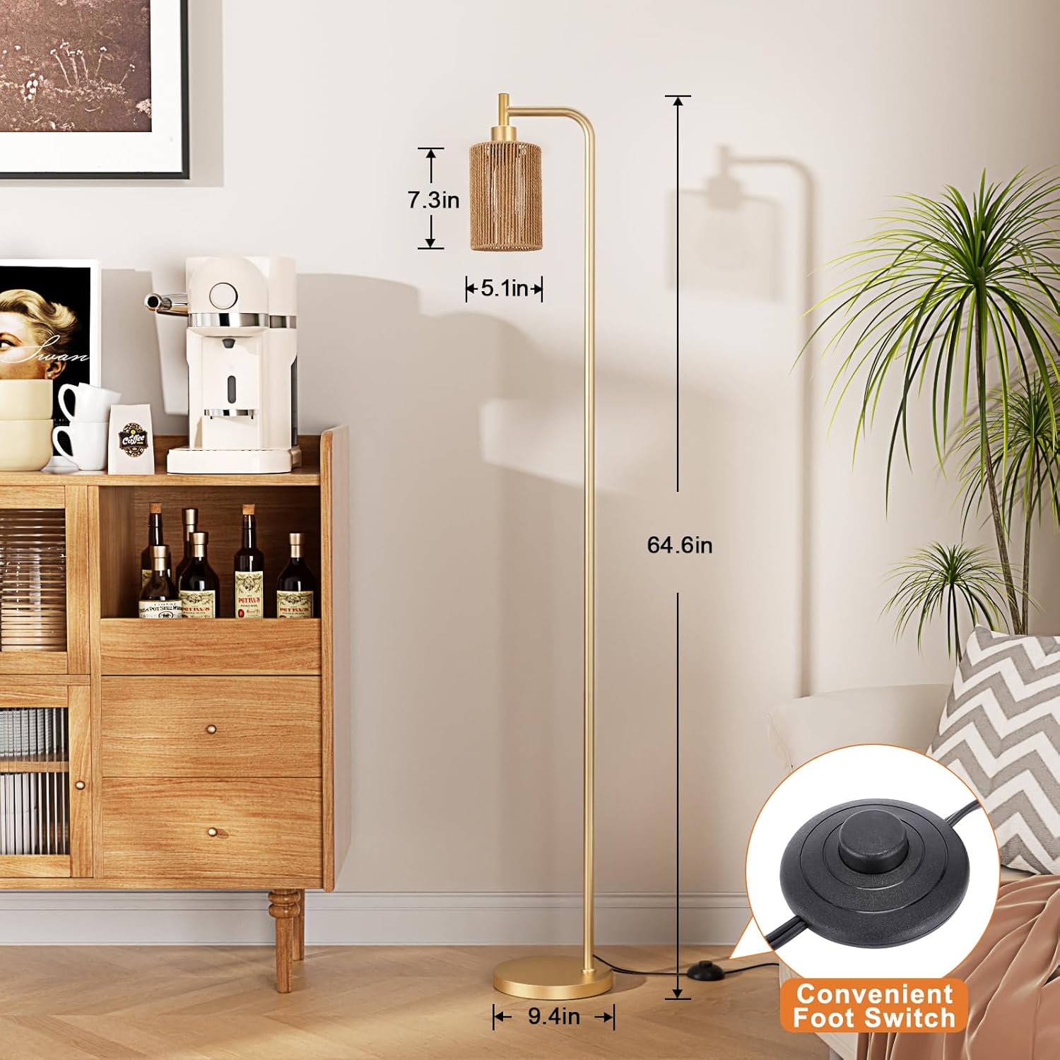Ziisee Floor Lamps for Living Room - Modern Standing Lamp with Rattan Shade, Gold Floor Lamp with LED Bulb, Farmhouse Tall Lamp for Bedroom Office - Gold