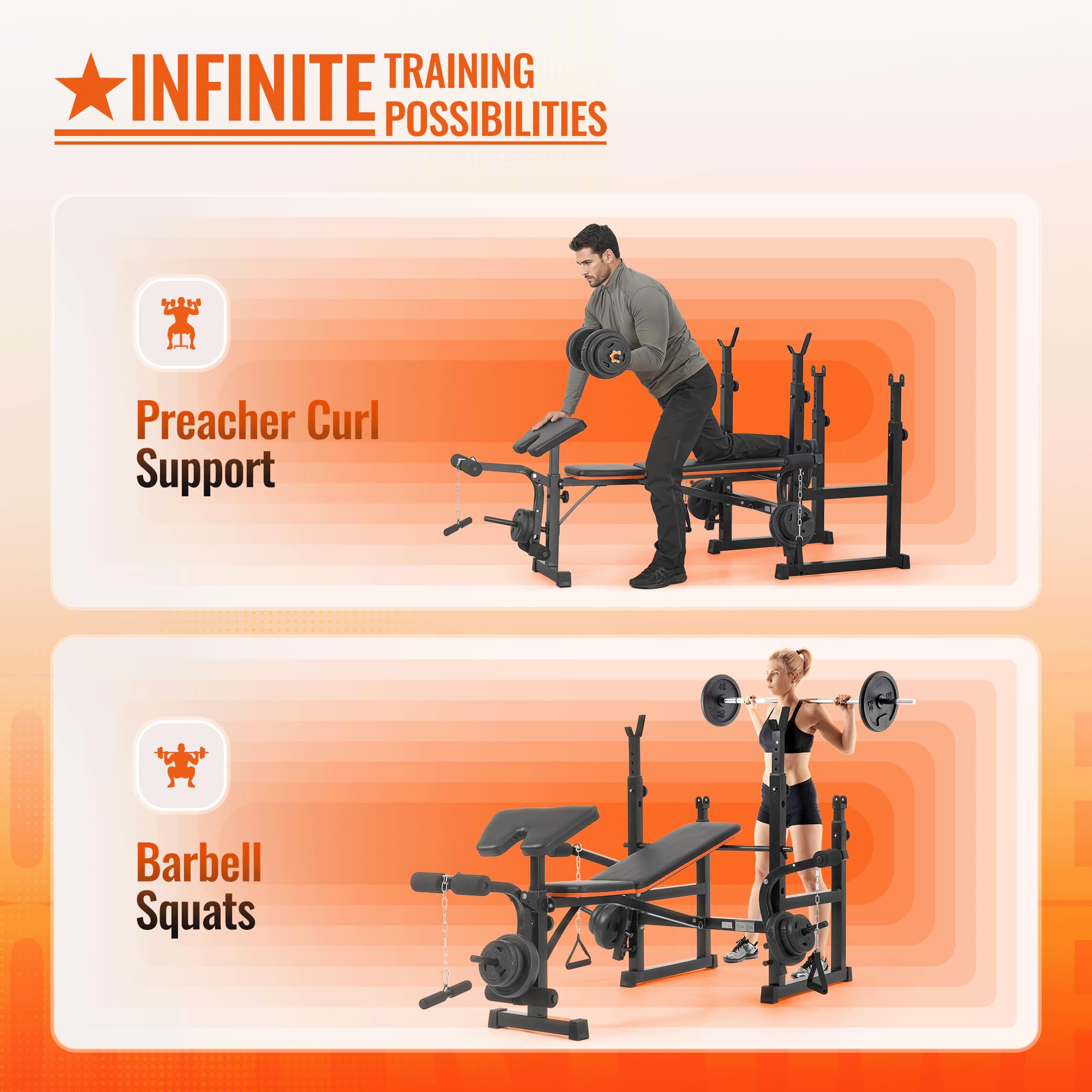 Weight Bench with Squat Rack, Adjustable Workout Bench with Preacher Curl Pad, Leg Extension & Curl, Safety Bar Catches, 600 lbs Capacity All-in-One Strength Training Bench for Home Gym