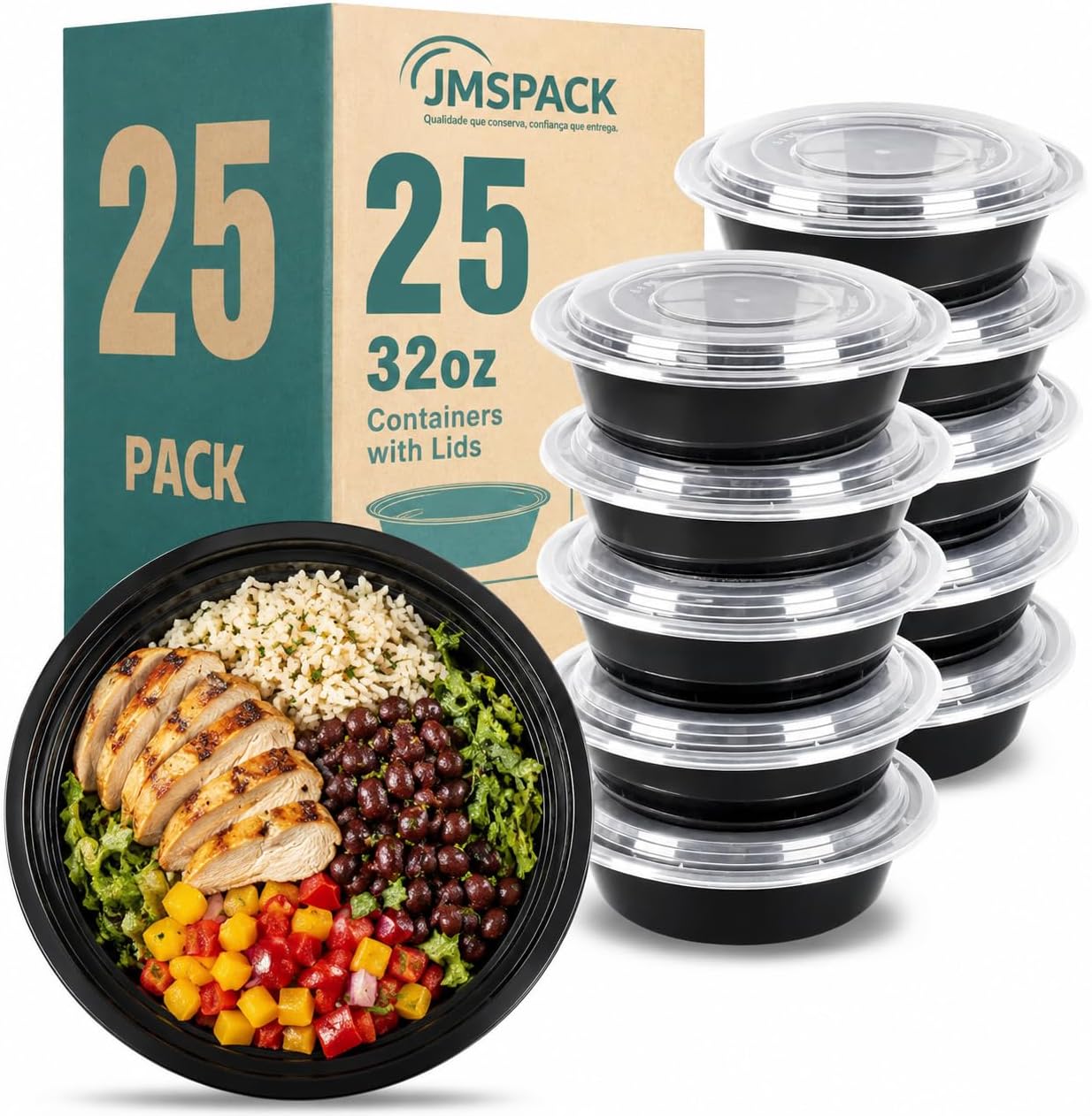 Containers Reusable 32oz - Meal Prep Bowls with Lids 25 Pack, Round Food Prep Bowls for Takeout, Disposable To Go Food Containers, Stackable, Leakproof, BPA-Free, Microwave/Freezer Safe