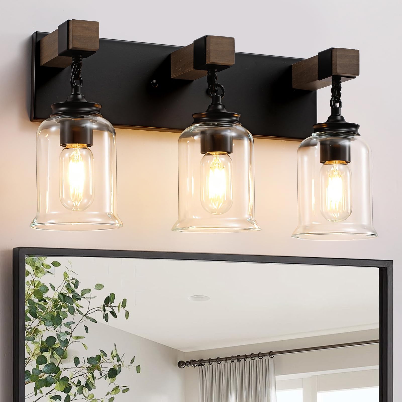Farmhouse Bathroom Light Fixtures 3 Light Bathroom Vanity Light Black Industrial Style with Clear Glass Shades Wood Bathroom
