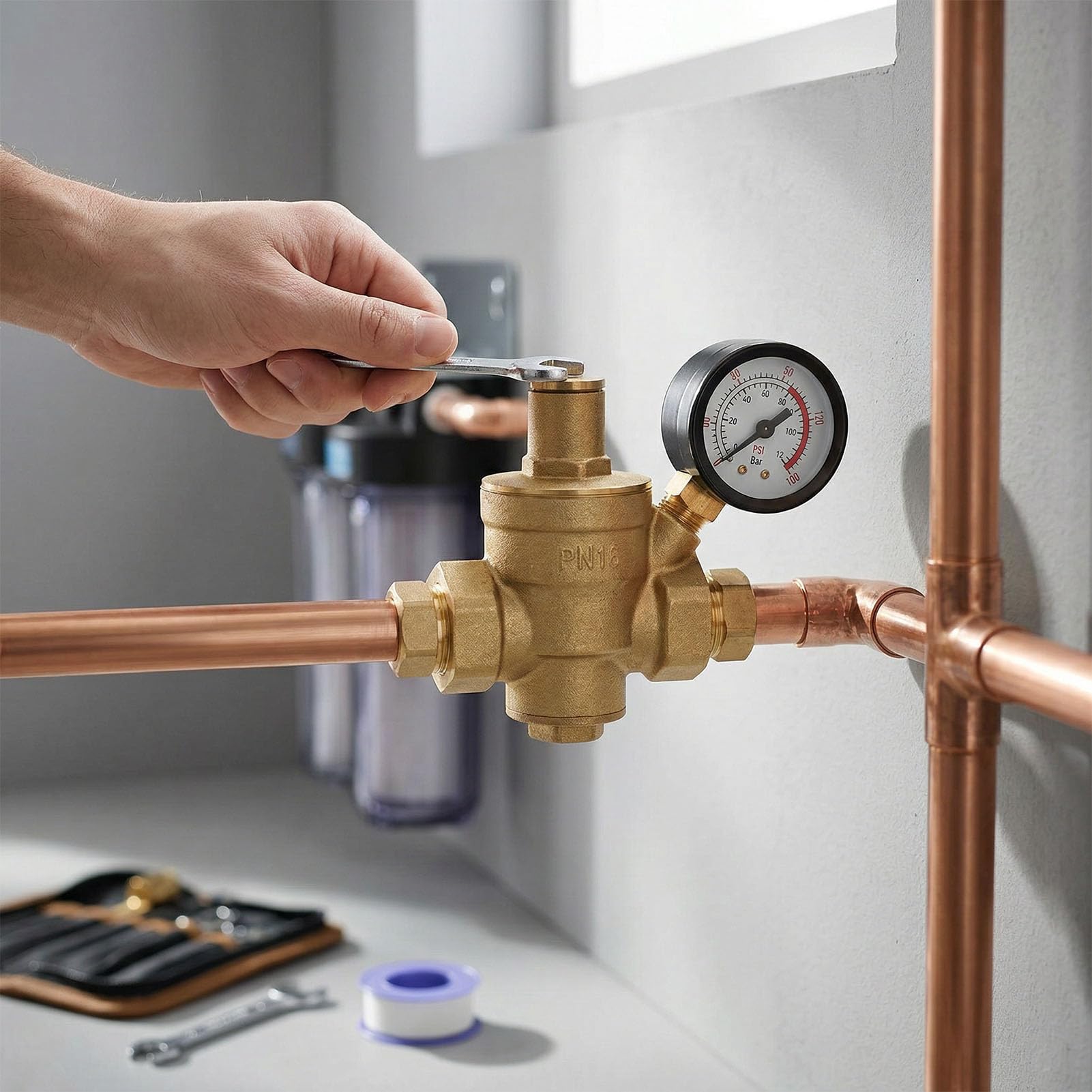 Válvula reductora de presión de agua con filtro integrado de latón para proteger grifos