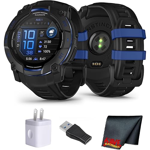 Garmin Instinct 3 Rugged GPS Smartwatch, 50 mm AMOLED Display, Multi-Band GPS with SatIQ, Built-in Flashlight, 24 Days Battery Life, Outdoor Sports and Navigation Features Supernova Collection Bundle