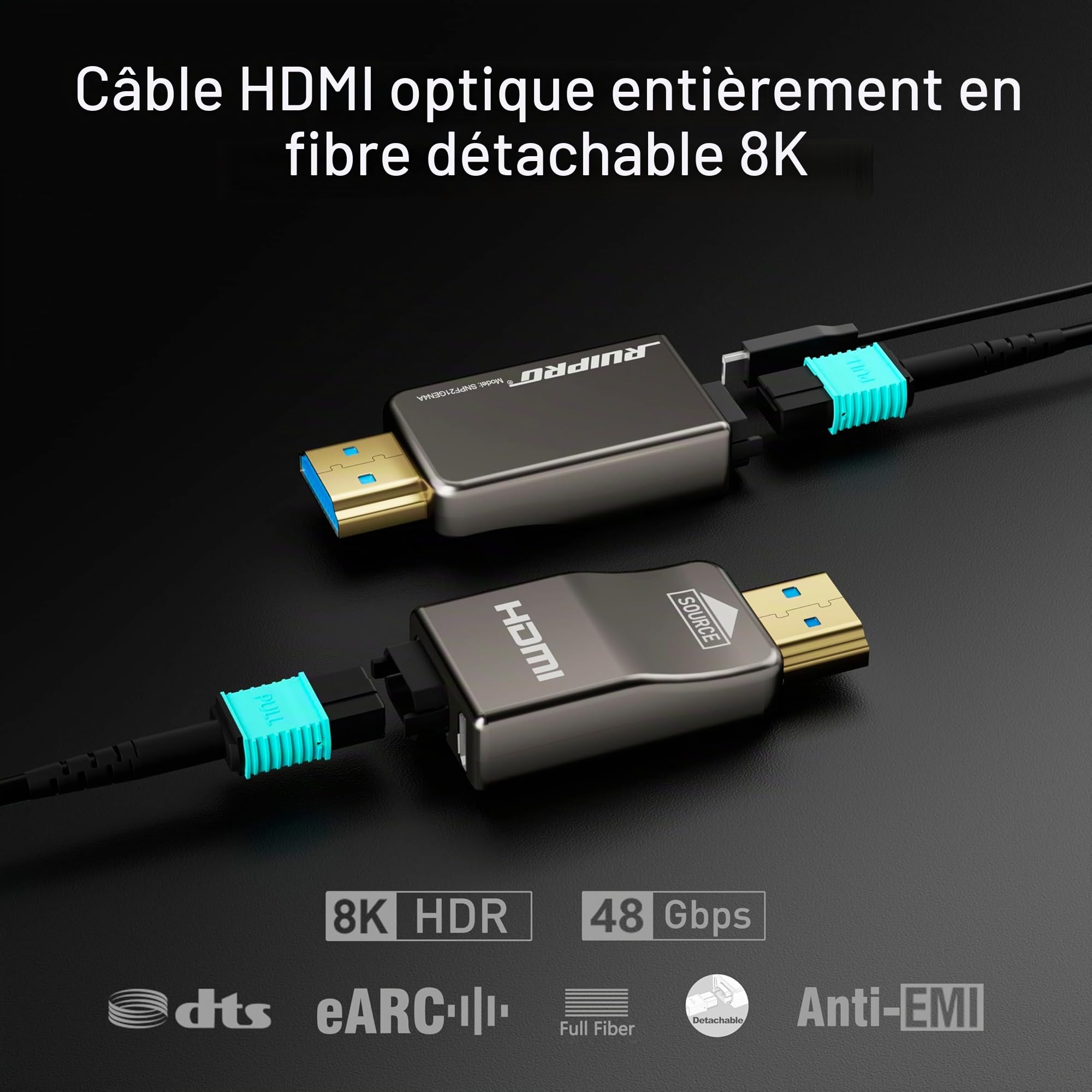RUIPRO Câble HDMI 8K 10M Détachable en Fibre Optique Pure, Armé en Acier Inoxydable, HDMI 2.1 Ultra Haute Vitesse 48Gbps, 8K@60Hz 4K@120Hz, HDR, eARC, Compatible avec PS5, Xbox, TV, Projecteur