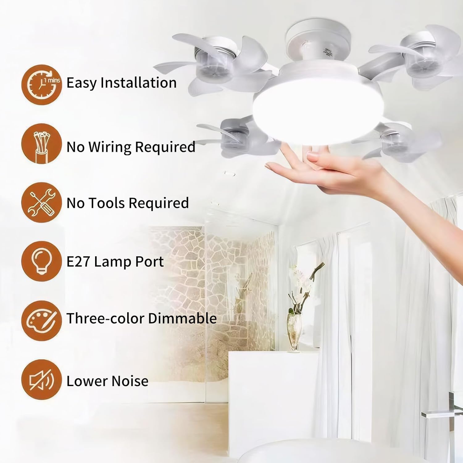 Screw-in Ceiling Fan Light Bulb with Remote Control, E27 Socket Fan Light 3 Speed Adjustable Dimmable LED Light Bulb Fan 3000K-6000K Color for Bedroom, Kitchen, Garage (4 Head)