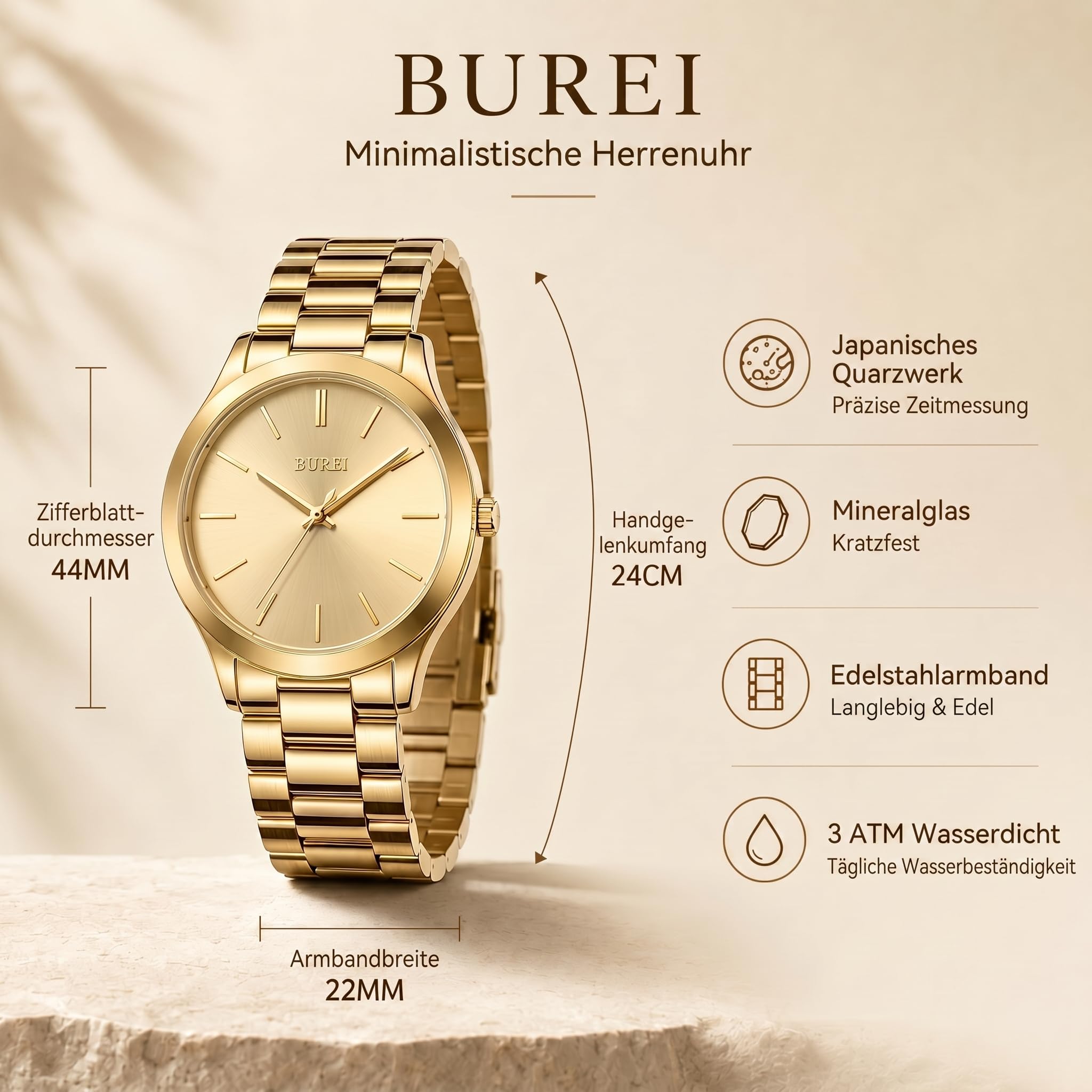 BUREI Herren Uhren 44mm Armbanduhr Herren mit Japanischem Quarzwerk – Minimalistische große Kleideruhr aus Edelstahl | schweres Design | Geschenk für Männer