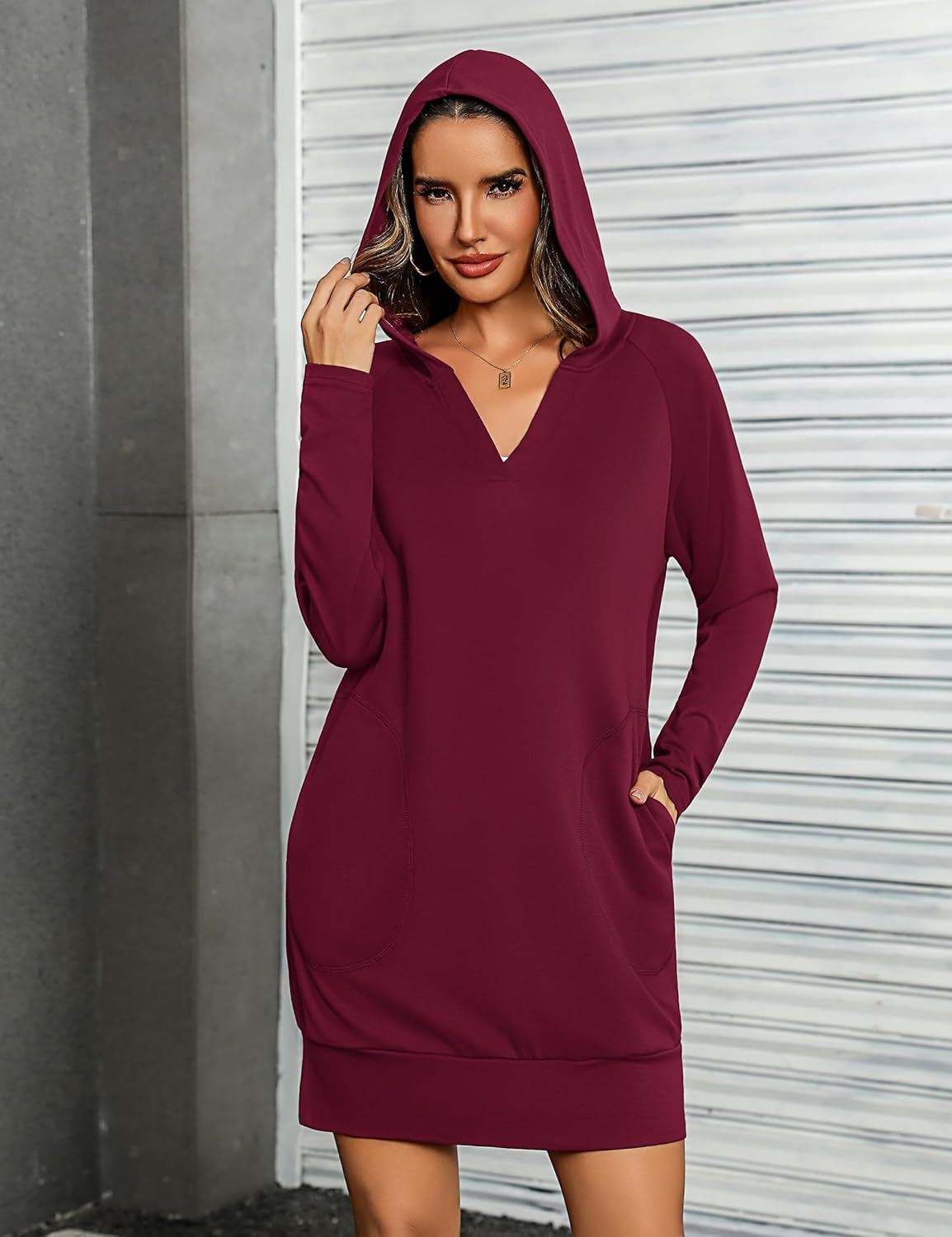 Totatuit Women Oversized Hoodies Dress Casual Long Sleeve V-Neck Hooded Sweatshirt Dress with Pockets 2025 Fall Outfits - Image 3