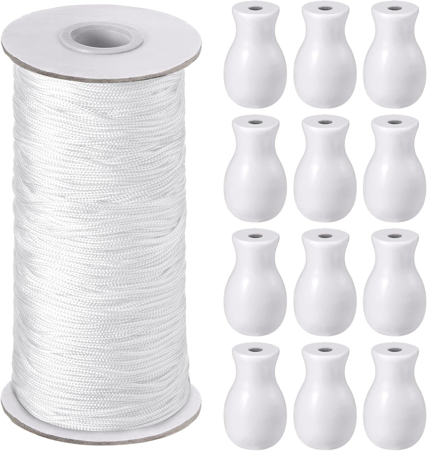 Windyun 110 Yards Blind Cord 1.8 mm Braided Lift Shade Curtain String and 12 Pieces Wood Blind Pull Cord Knobs for Roman Shade Kit, Curtain Craft(White)