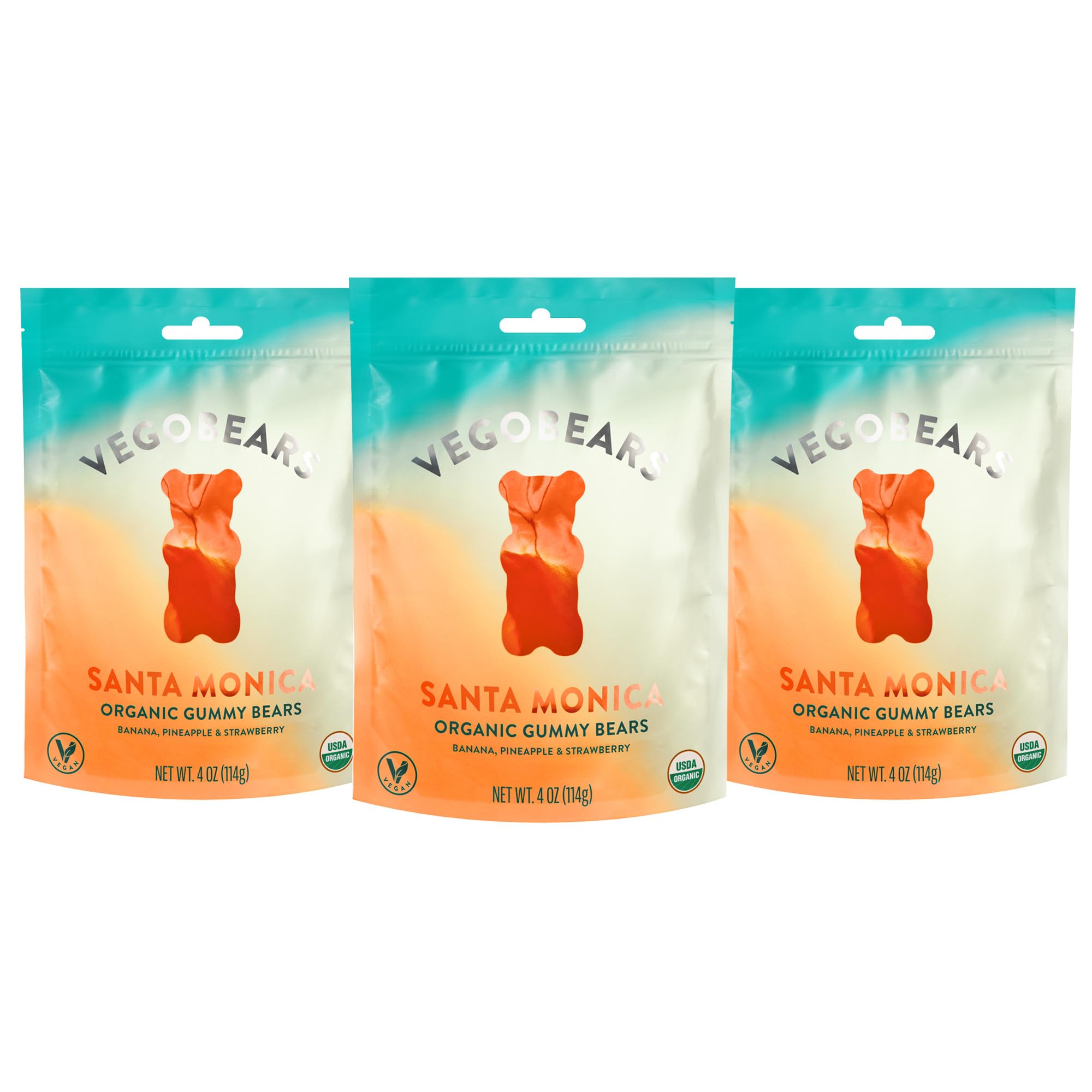 Candy People VegoBears Santa Monica Vegan Gummy Bears Organic Gummy Bears, Non-GMO, Banana, Pineapple, & Strawberry Gummies 4 Ounce (3 Pack)