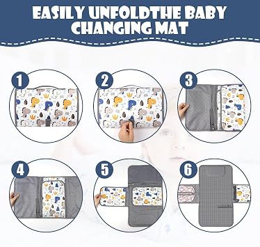 HOTUT Portable Nappy Changing Mat,Travel Changing Mat with Pocket,Waterproof Travel Changing Mat with Wipe-Pocket and Head Cushion,Foldable Travel Changing Mat,Portable Changing Mat Travel (White)