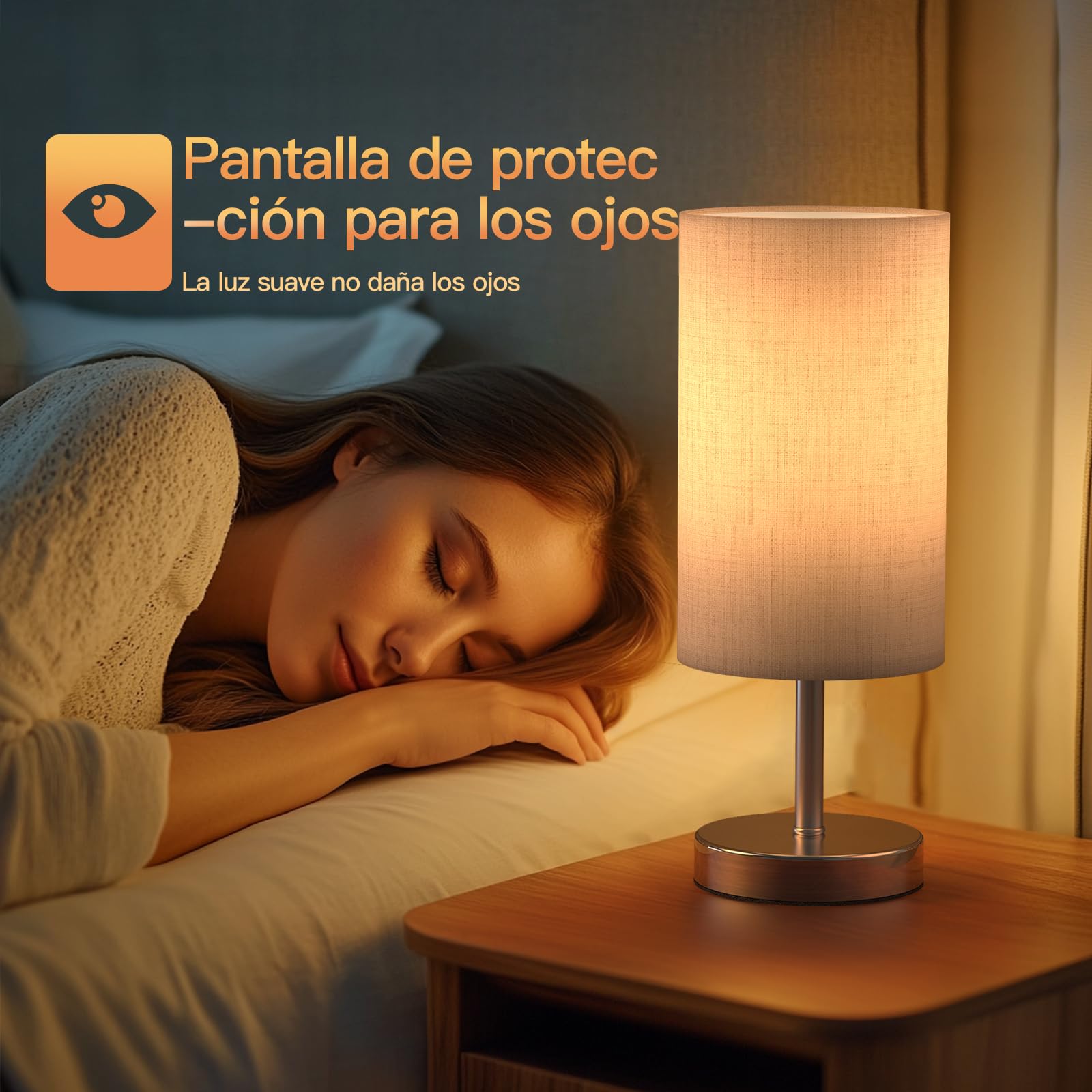 Tomshine Lámpara de Mesita de Noche Táctil Regulable, Lámpara de Mesa Tela Beige E27 con Bombilla LED 6W, 3 Niveles de Brillo Luz Nocturna Moderna para Dormitorio Salón, Pantalla Cilíndrica, 2700K