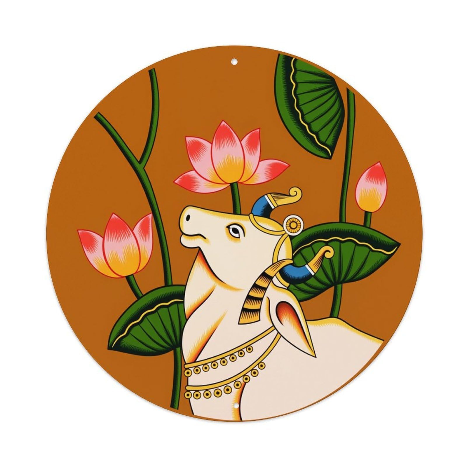 Cow With Lotus Flowers And Leaves Round Tin Sign Vintage Style Metal Sign Home Bar Garden Wall Plaque Decor Metal Poster 8x8 Inch