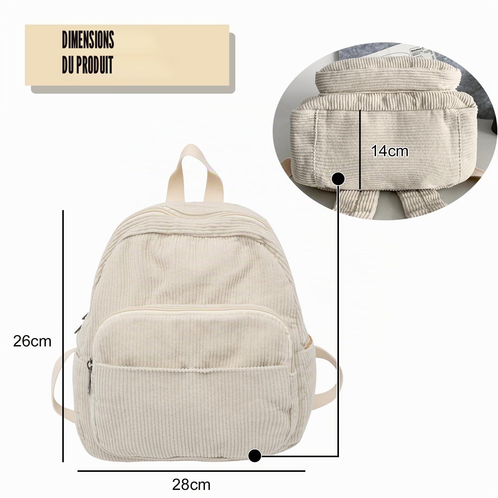 Petit sac à dos en velours côtelé pour femme - Sac à dos de ville - Sac à dos en Corduroy - Sac à dos d'école pour femme et fille - Pour l'école, les voyages, le travail - Petite taille