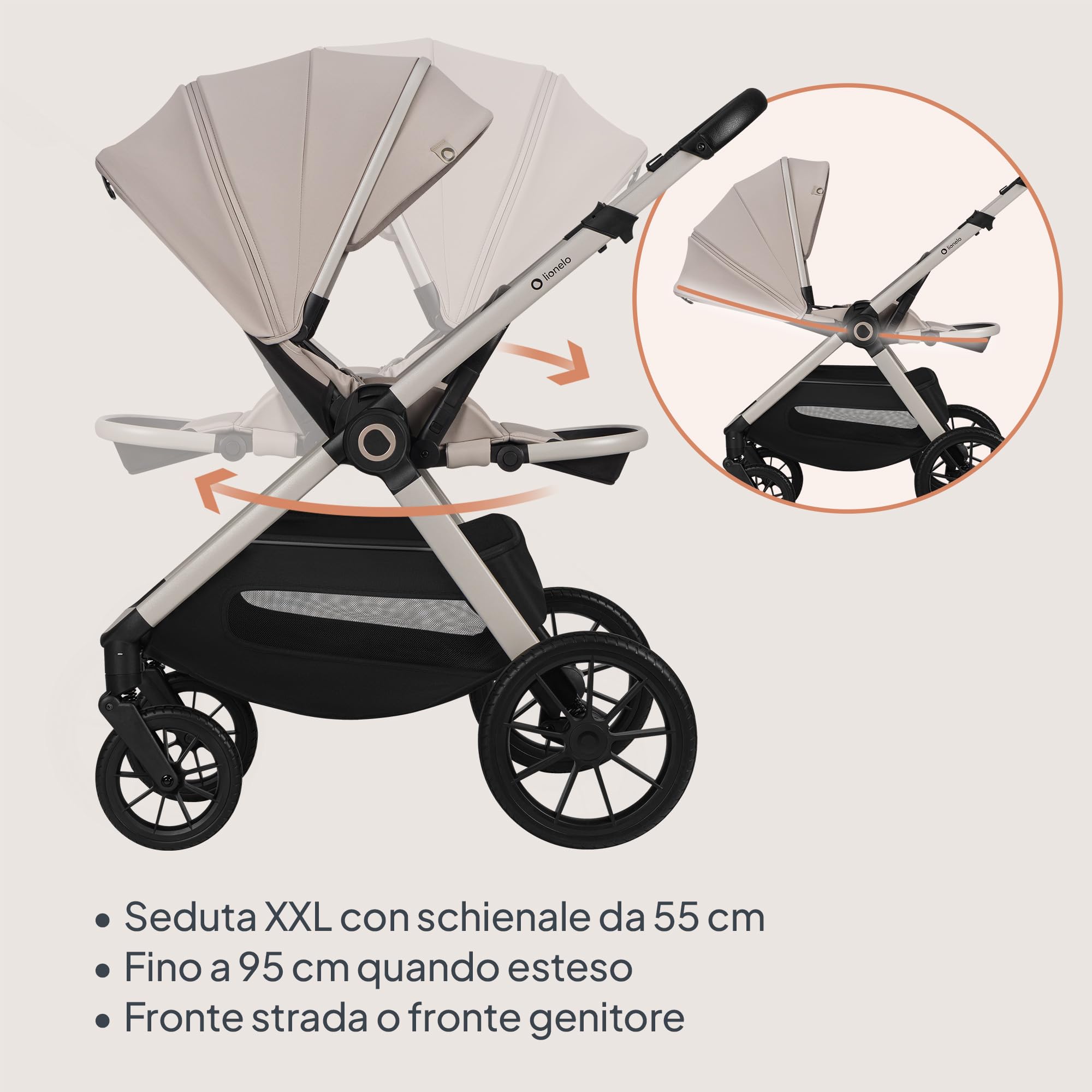 LIONELO LAYLA - Passeggino 3 in 1, 0-48 mesi fino a 22 kg Navicella fino a 9 kg, regolazione dello schienale e dei piedi, AiryDots, ruote in PU girevoli a 360 ° Ammortizzazione totale Booth XXL
