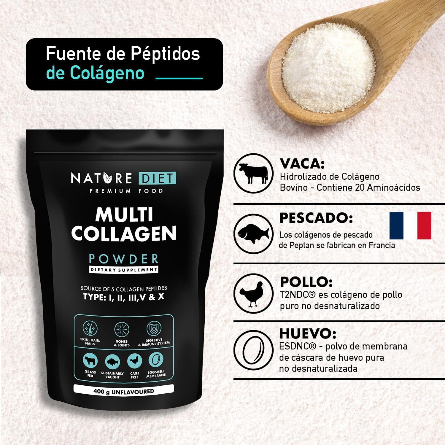 Nature Diet Multi Colágeno en Polvo Sin Sabor Péptido de Colágeno Hidrolizado Tipo: I, II, III, V y X, altamente biodisponible, péptido de colágeno, 400G