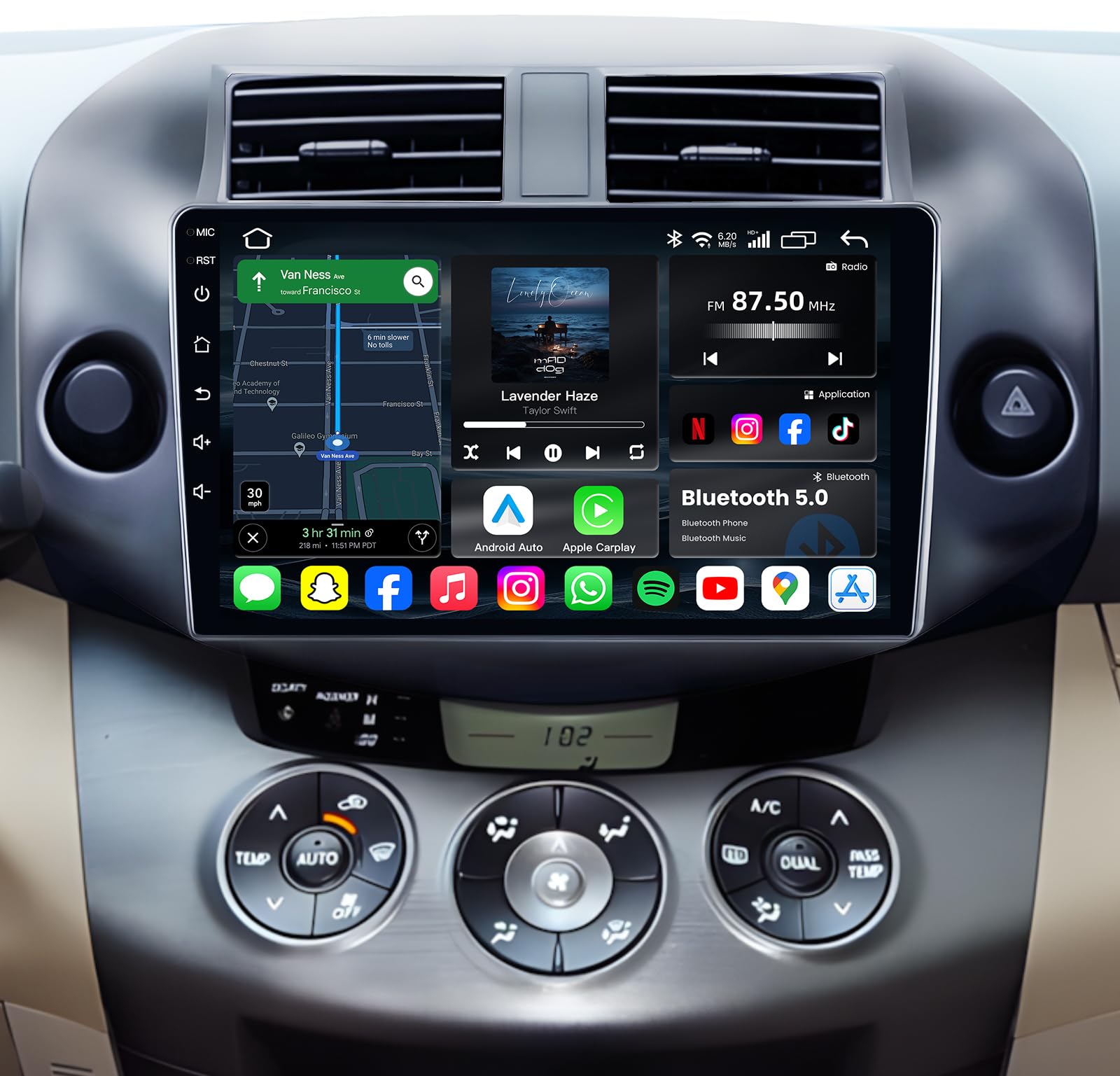 Car Radio for Toyota RAV4 2007-2012: 4Core 64G Upgrade 10 inch 1280x800 Touchscreen Stereo, Android Head Unit with Wireless Carplay & Android Auto, 5G