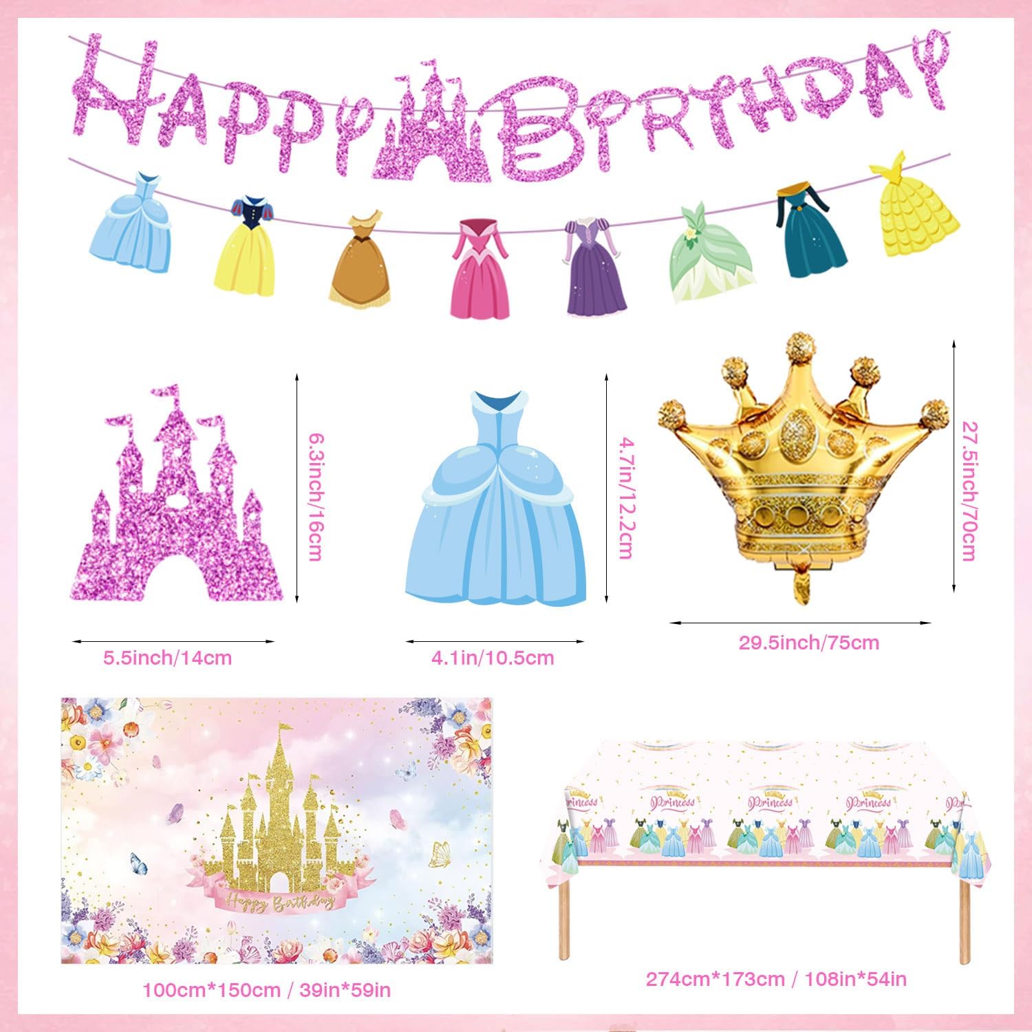 142pcs Princess Birthday Party Decorations Includes Plates, Napkins, Cake Toppers, Banner, Hanging Swirls, Tablecloths, Balloons, Backdrop for Princess Party Decorations (Princess Large Set)