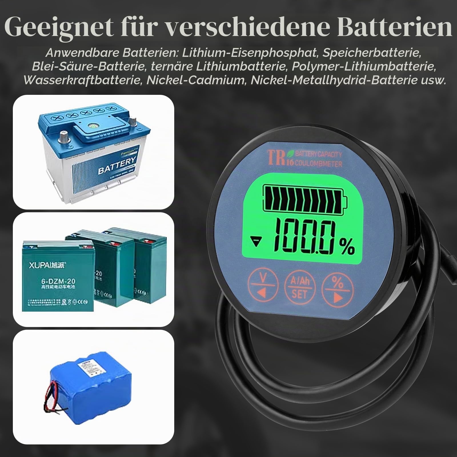 DEWIN Batterie Monitor 12V Motorrad, Batteriemonitor Batterie Tester Voltmeter Amperemeter Wasserdichte Batterietester für Autobatterie Kfz Caravan 8-120V 350A