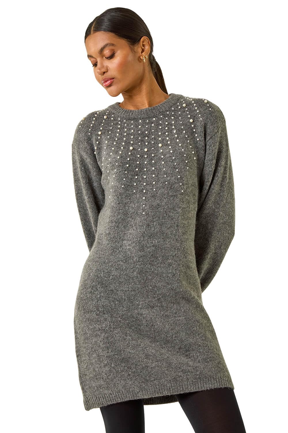 Roman Originals Knitted Jumper Dress for Women UK Ladies Stretchy Knit Knitwear Autumn Winter Casual Smart Pull On Work Long Sleeves Slouch Above Knee Short Length - Sparkly Grey - Size 10