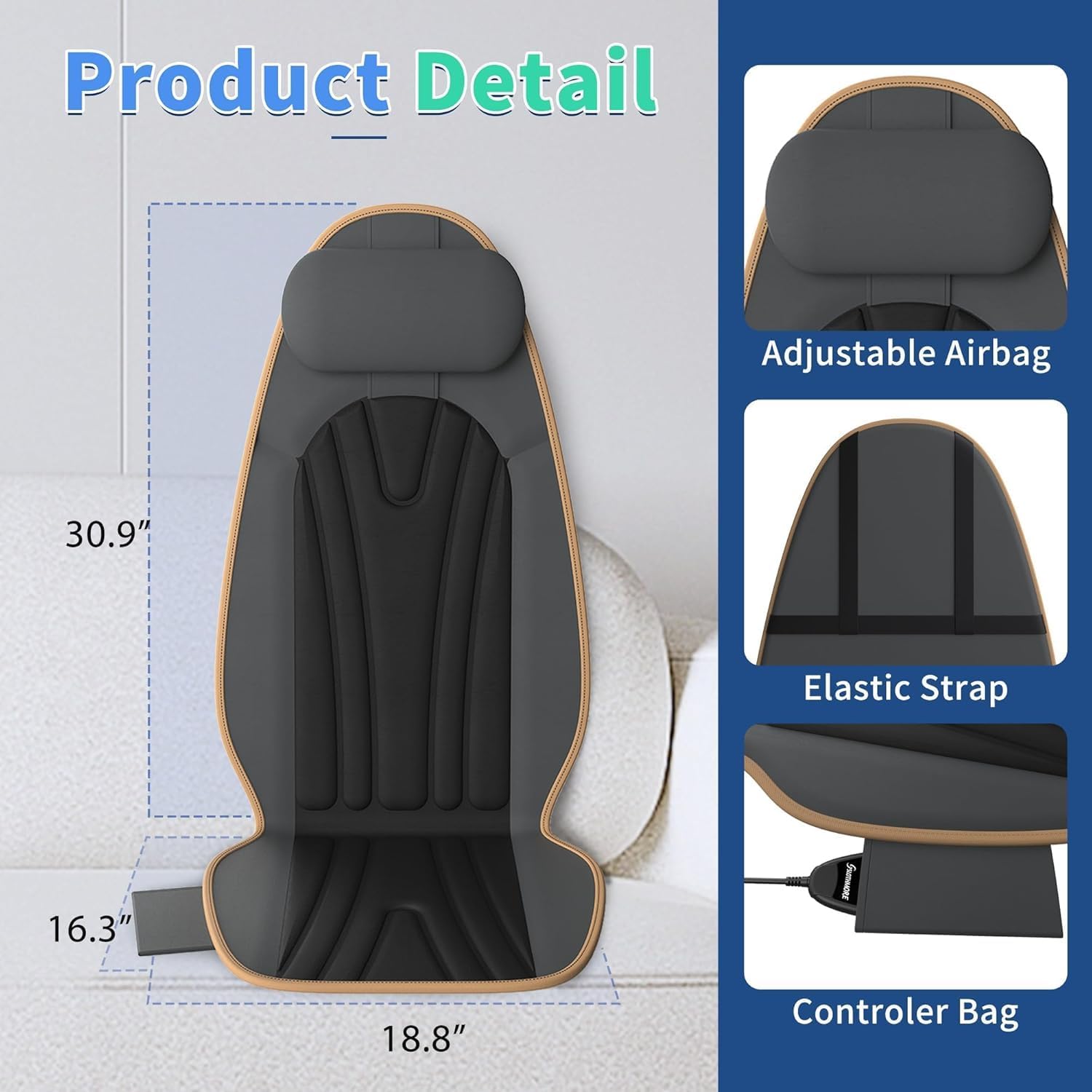 Sotion Massage Seat Cushion with Heat for Neck and Back, 3 Heating Areas & 5 Massage Modes, Electric Back Massager for Office Chair and Home Seat - Image 5