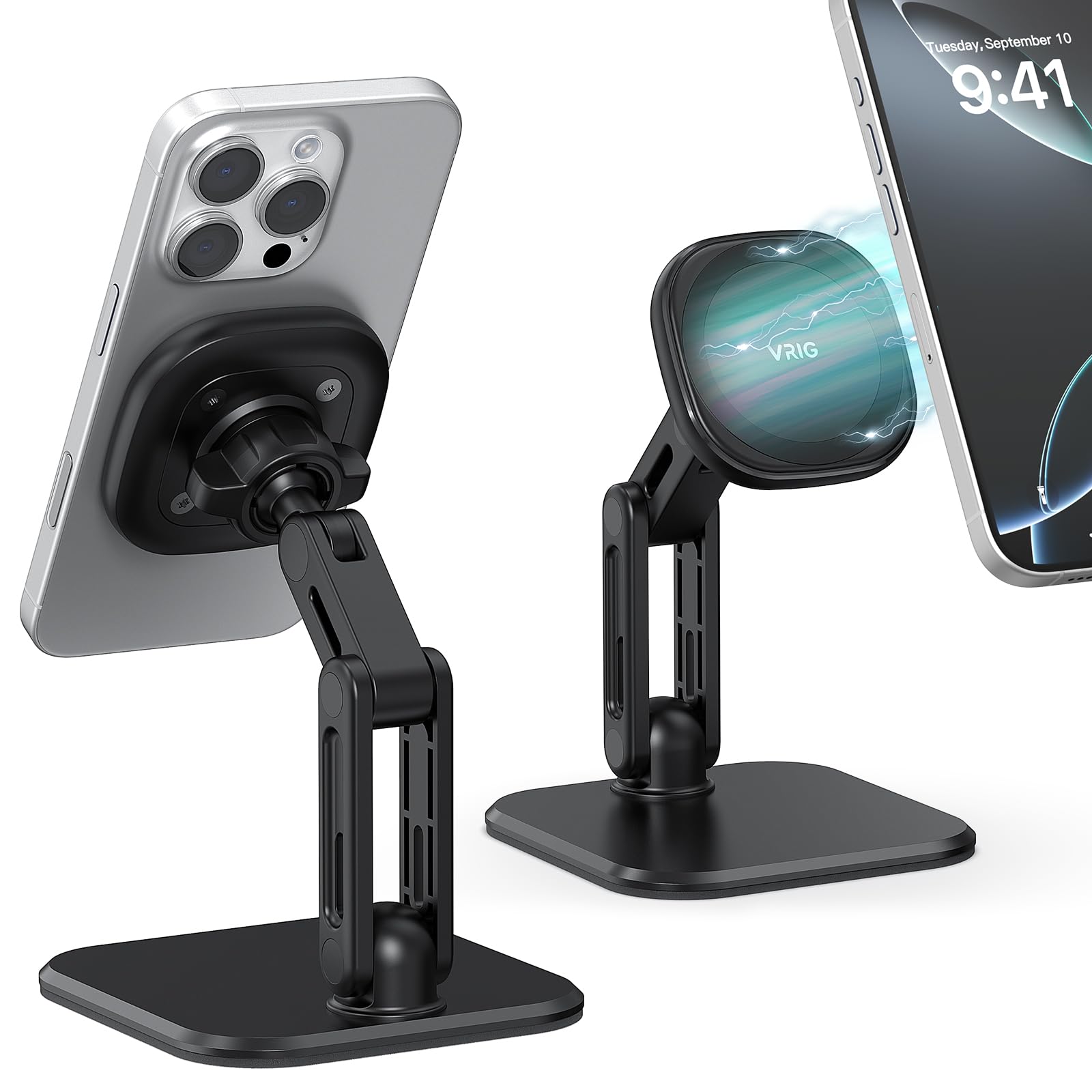 VRIG Magnetische Handy Ständer Tisch, MG-31 Magnetischer Handyhalter mit Metallringe Zubehör, 360° Verstellbar Kugelkopf Magnetische Ständer für iPhone 16 15 14 13 12 Pro Max und Hülle, Samsung
