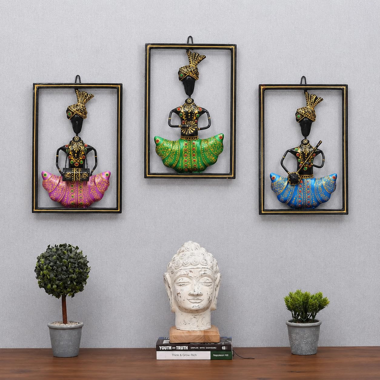 CraftVatika Metal Iron Musician Wall Mount Hanging Showpiece, Playing Musical Instrument Idol Figurine Showpieces Wall Hanging for Home Decor, Multicolor, Set of 3 (13.5 Inches Height)-image-41