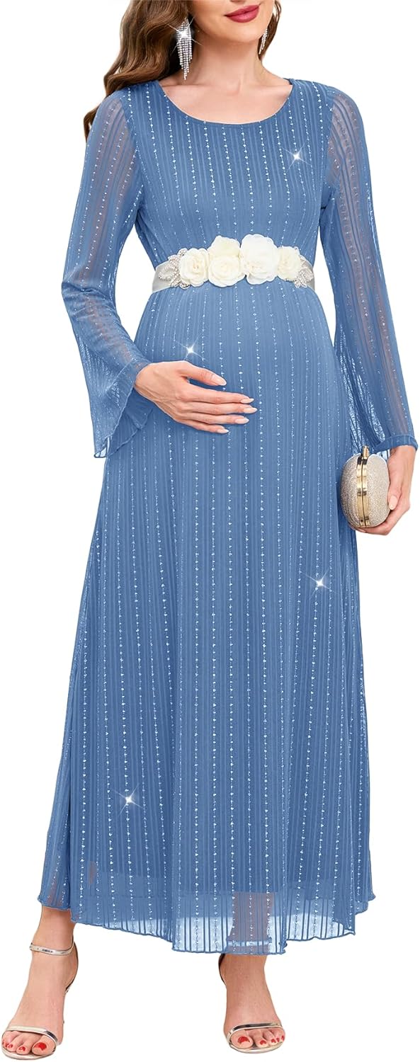 Maternity Sparkly Mesh Dress Bell Long Sleeve Round Neck A Line Flowy Pregnancy Dresses Baby Shower Semi Formal