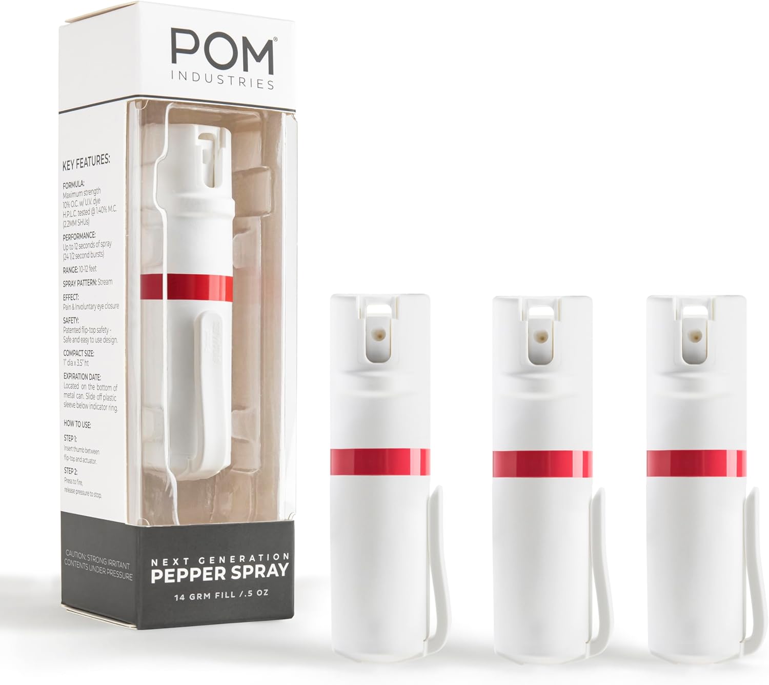 POM Pepper Spray Pocket Clip, Quick Flip Top Safety, Maximum Strength OC Formula with UV Marking Dye, Safe Compact and Tactical Design for Everyday Carry, 25 Bursts, 10 ft Range, 0.5 fl oz