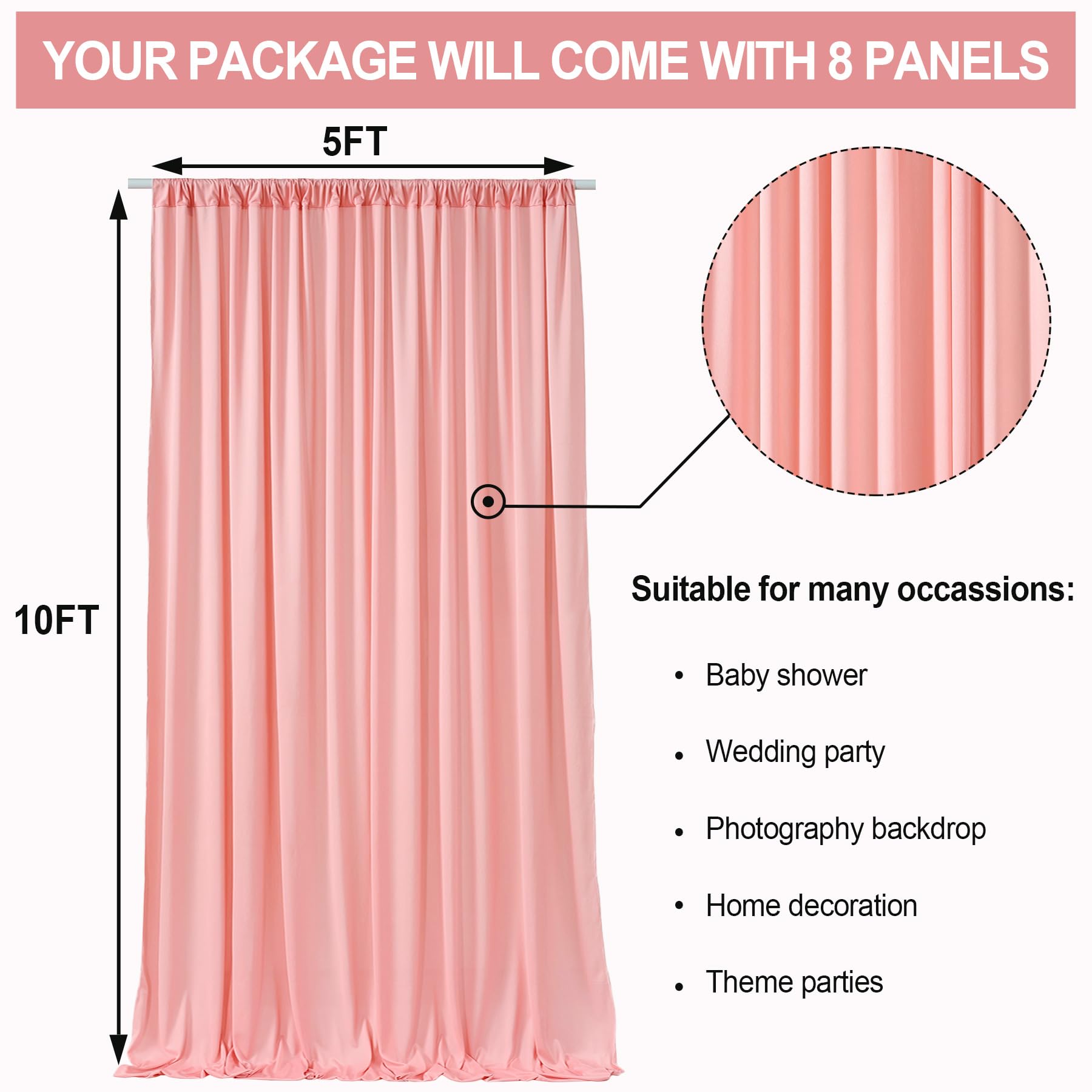 10ftx40ft Blush Pink Thick Wrinkle Free Backdrop Curtain Panels for Parties, 8 Panels 5ftx10ft Polyester Photography Backdrop Drapes, Wedding Birthday Party Baby Shower