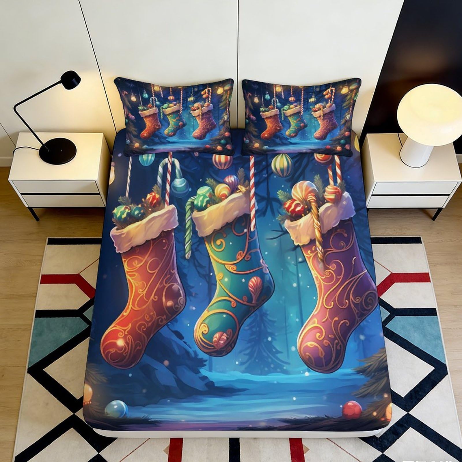 Jqzkxnhpbr Style-5 3D Printed Christmas Stockings Fitted Sheet Microfiber Soft Bed Cover For Bedroom Dorm Artistic Mattress Decor 90X200x25cm