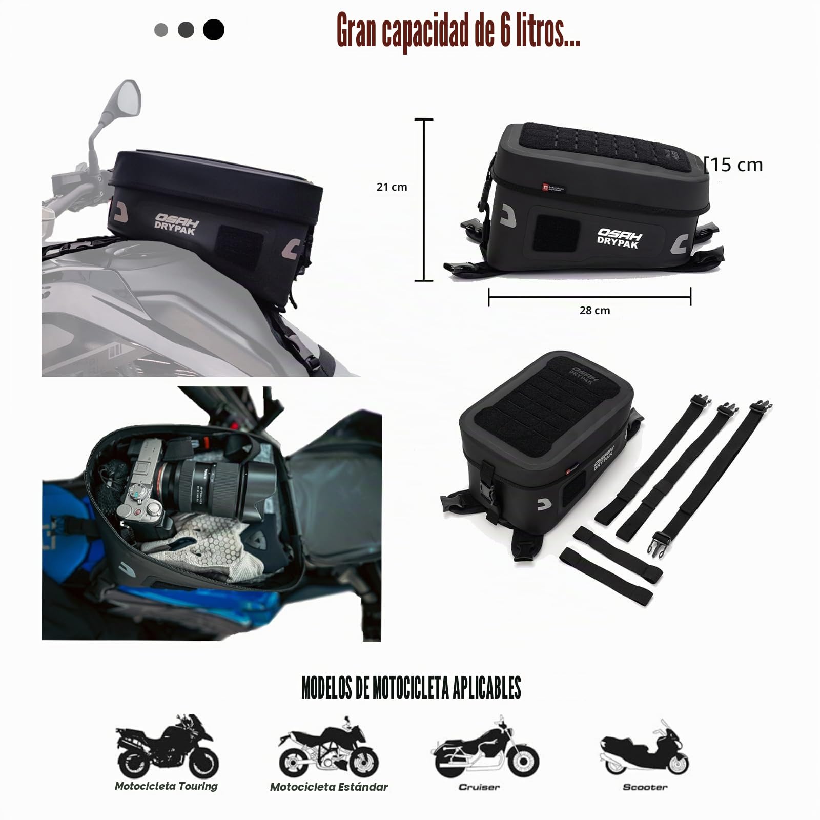 Bolsa de depósito TPU Impermeable para Moto – 6L Negra, Apta para Enduro, Doble Deporte y Aventura, Ideal para Camping y Viajes