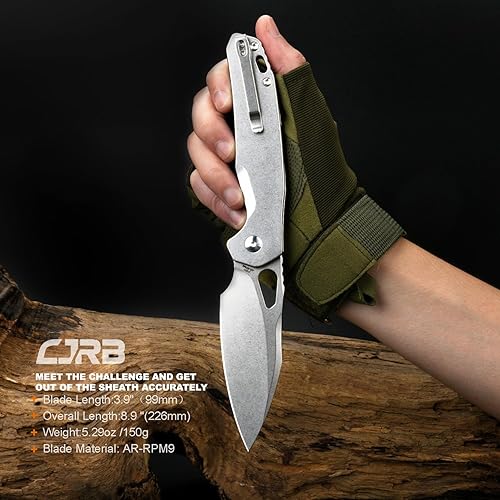 Miniatura 6 de CJRB Frack (J1931) Cuchillo de bolsillo plegable con hoja de punto de caída AR-RPM9 de 3.9 pulgadas y mango de acero, cuchillo EDC con bloqueo de