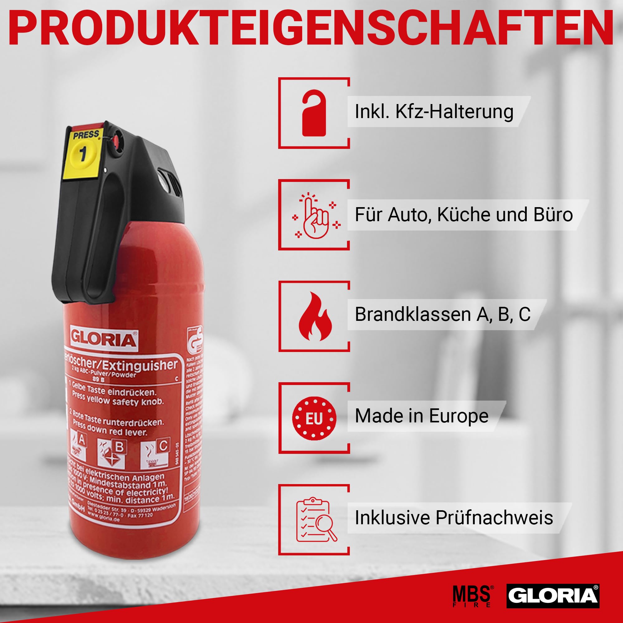 MBS FIRE Gloria P2GM Lot de 2 extincteurs à poudre pour voiture Classe de feu ABC avec support et plaque 2 kg