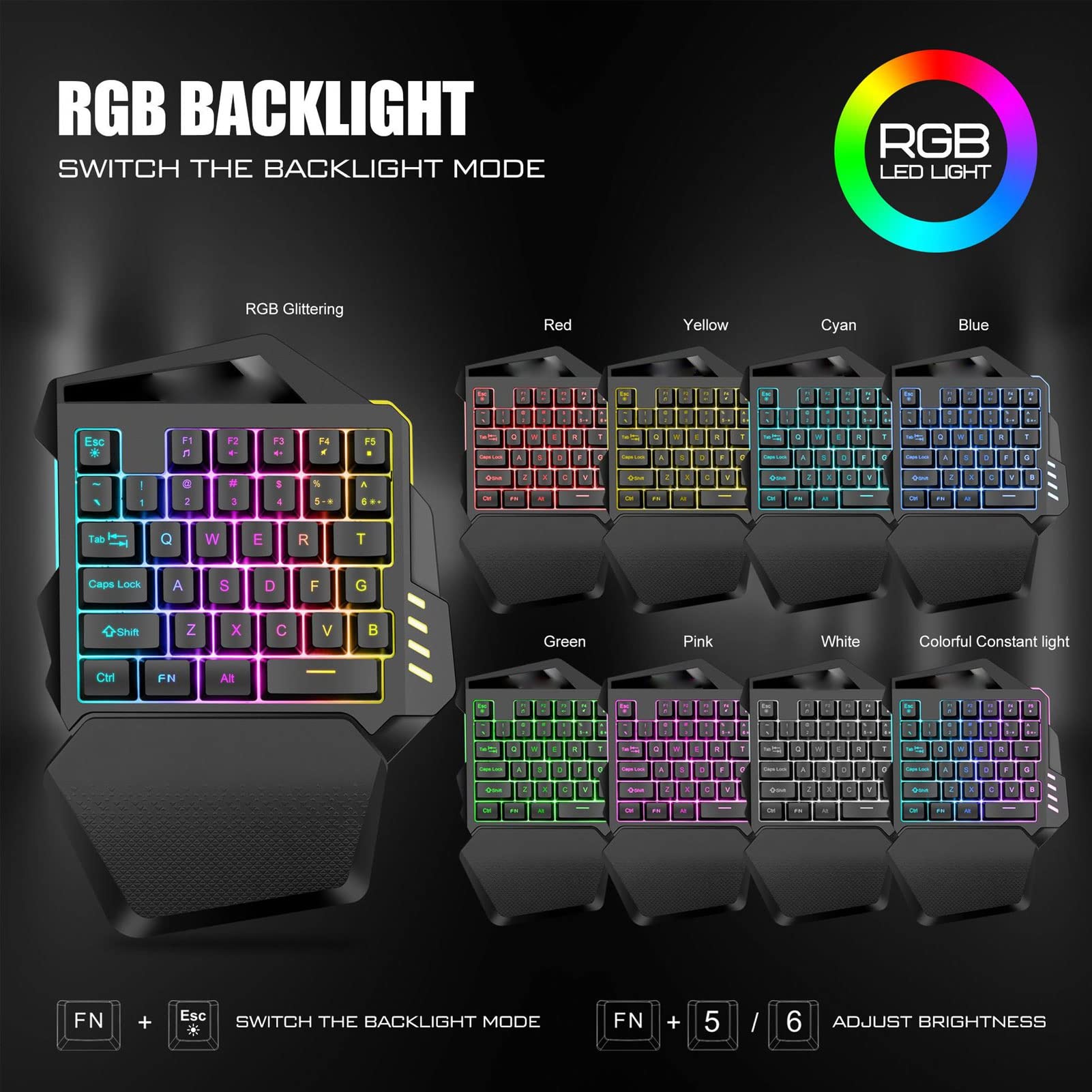 One Hand Gaming Keyboard, Wireless RGB Mechanical Keyboard with