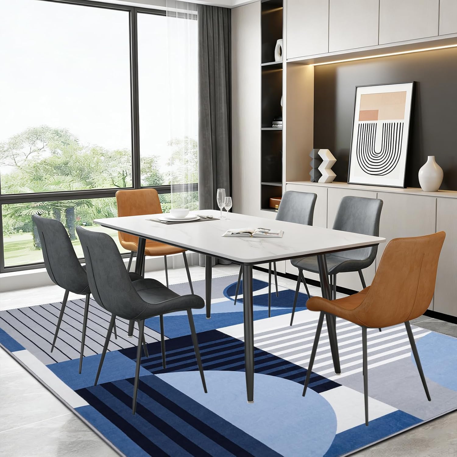 MOSISO 4x6 Washable Area Rug for Living Room, Soft Non-Slip Modern Geometry Low Pile Carpet, Printed Faux Wool Rectangular Floor Mat for Living Room Entryway Bedroom, Blue