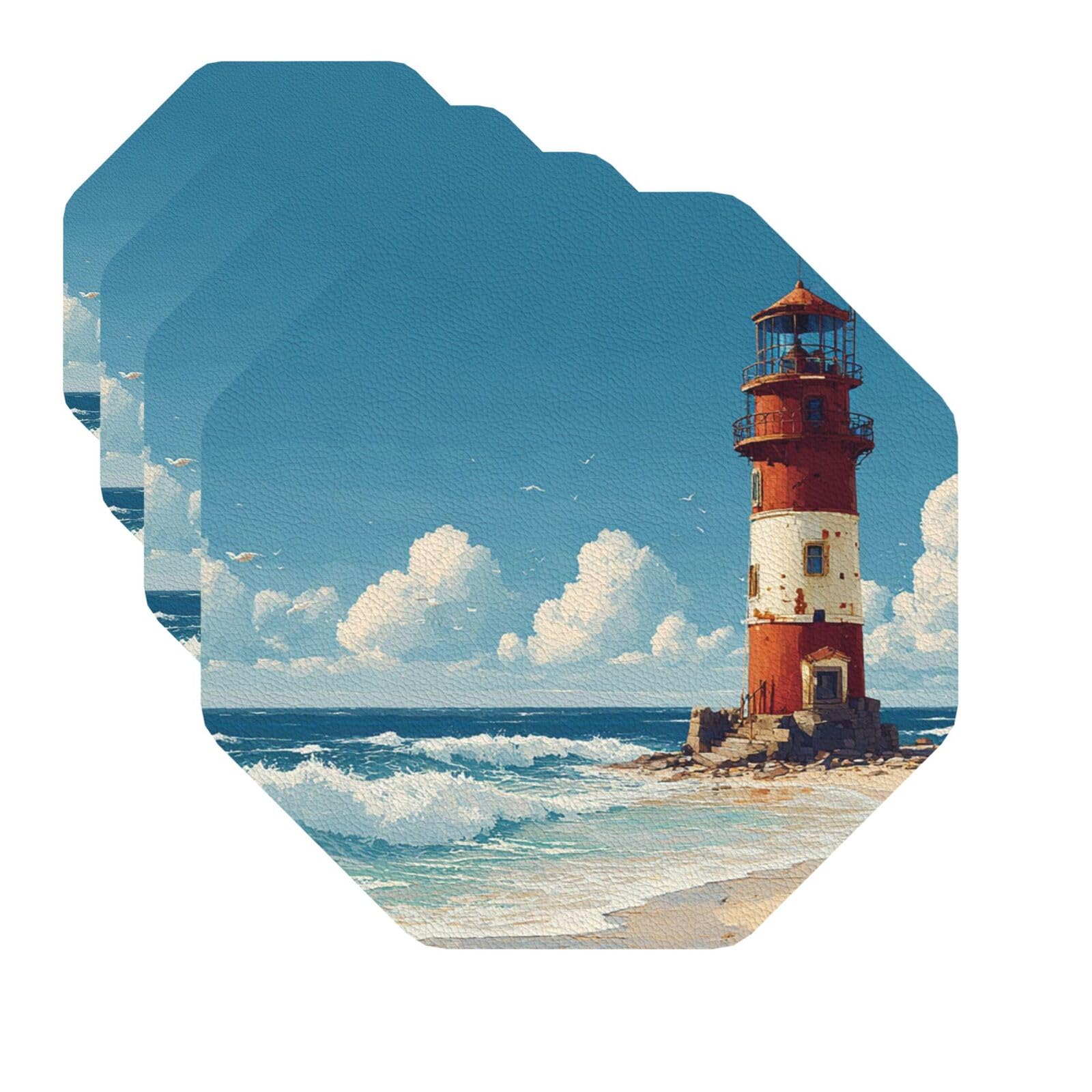 Drink Coasters Set of 4 Quick-Dry Leather Coaster Sea Lighthouse Sandbeach Coasters for Drinks Coffee Cup Mat Tabletop Protection Heat Resistant Coaster for Kitchen Bar Office Home Decor