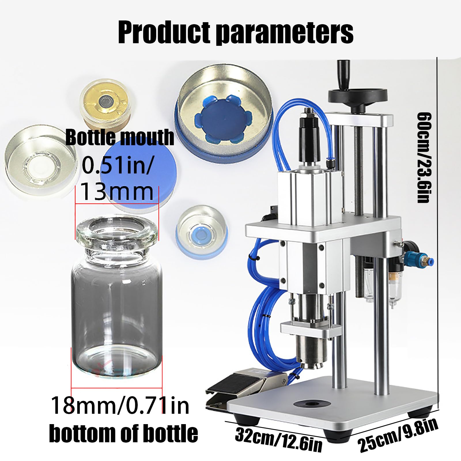 Máquina Neumática de Sellado de Viales, Prensadora de Viales Alimentada por Aire, Altura Ajustable con Pedal, 900–1800 Piezas/hora para Tapas de Aluminio-plástico y Viales 1.3 * 1.8cm/0.5 * 0.7in