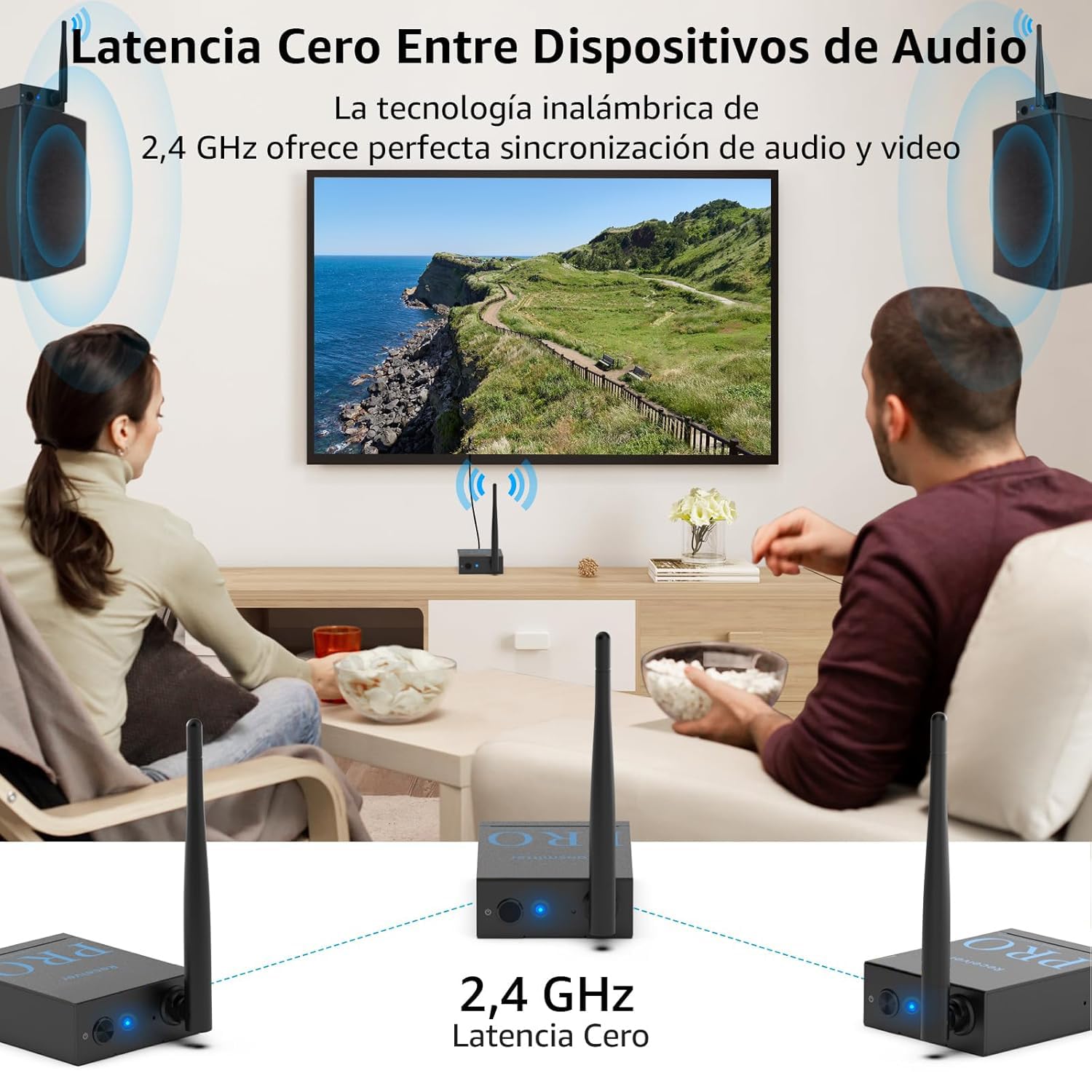 1Mii (1 TX + 2 RX) Transmisor y Receptor de Audio Inalámbrico | Transmisión 2,4 GHz, HiFi para TV/PC a Altavoces Activos/Amplificadores/Receptores AV, Óptica/Coaxial/3,5 mm/RCA, 100 m